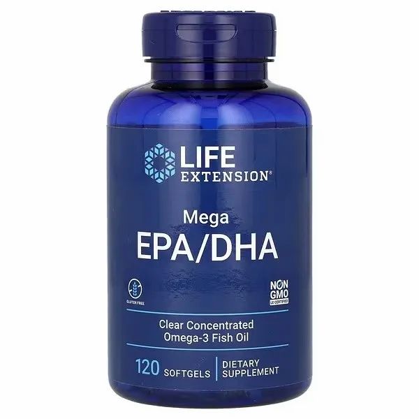 Bouteille Life Extension Mega EPA/DHA de 120 gélules molles. Supplément diététique d'huile de poisson oméga-3 concentrée.