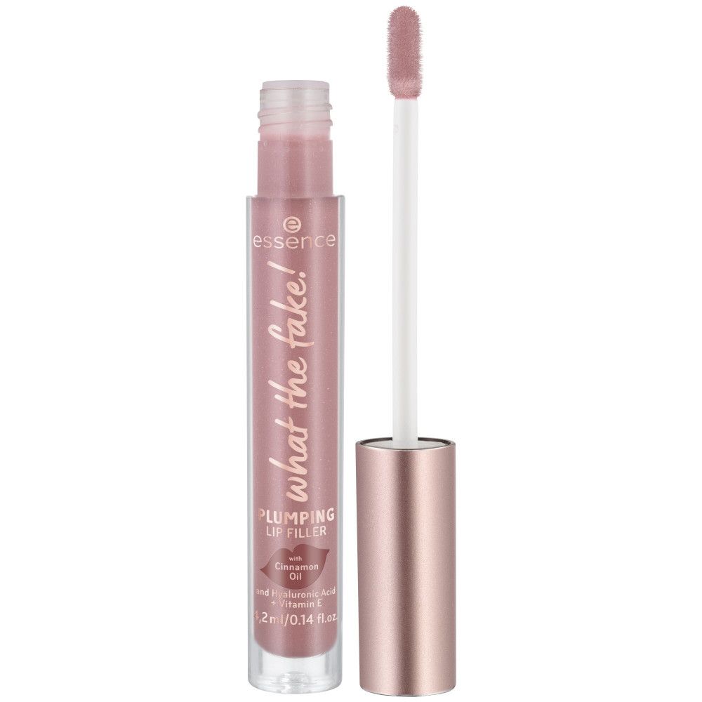 Lip volume gloss met applicator. Roze tube, roségouden dop. Opschrift: What the Fake!, Plumping Lip Filler.
