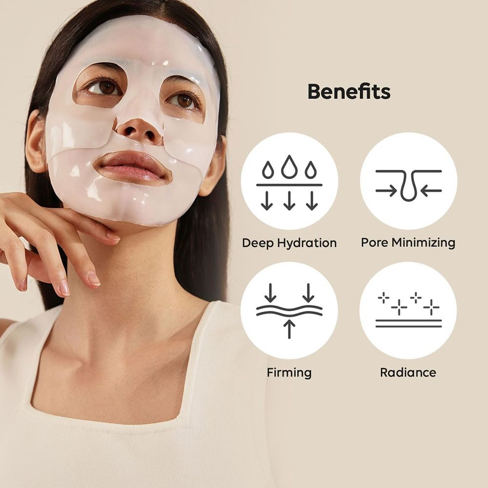 Femme avec masque facial et icônes d'avantages. Texte : Deep Hydration, Pore Minimizing, Firming, Radiance.