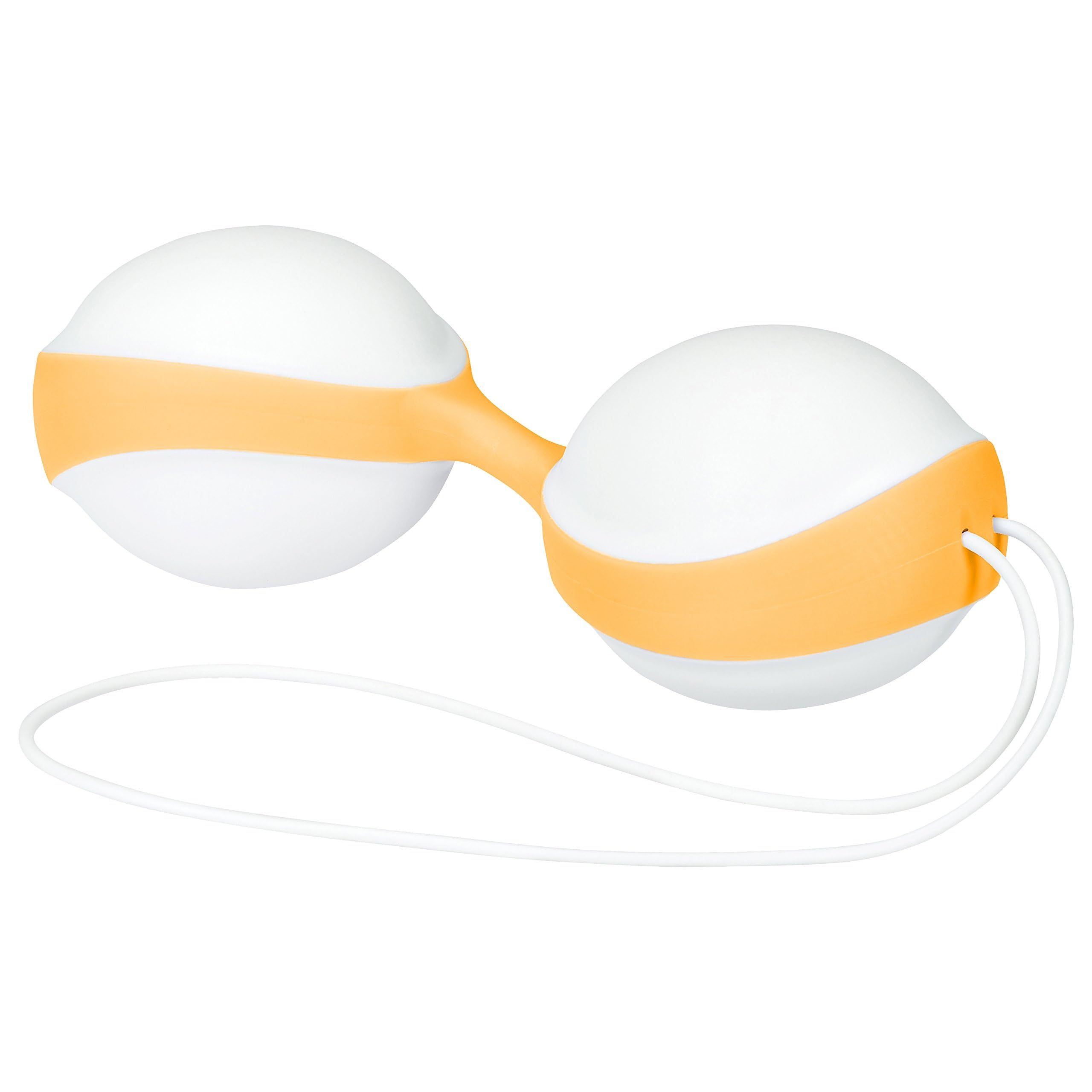 Duo-ball pour plancher pelvien, blanc et orange, avec texte et graphiques.