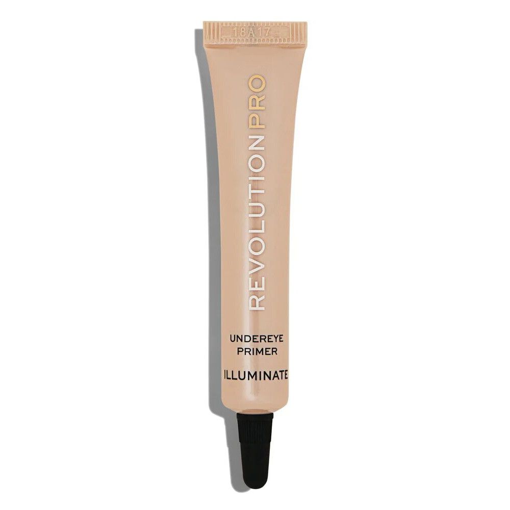 Tube beige avec embout noir. Inscription: REVOLUTION PRO, UNDEREYE PRIMER, ILLUMINATE.