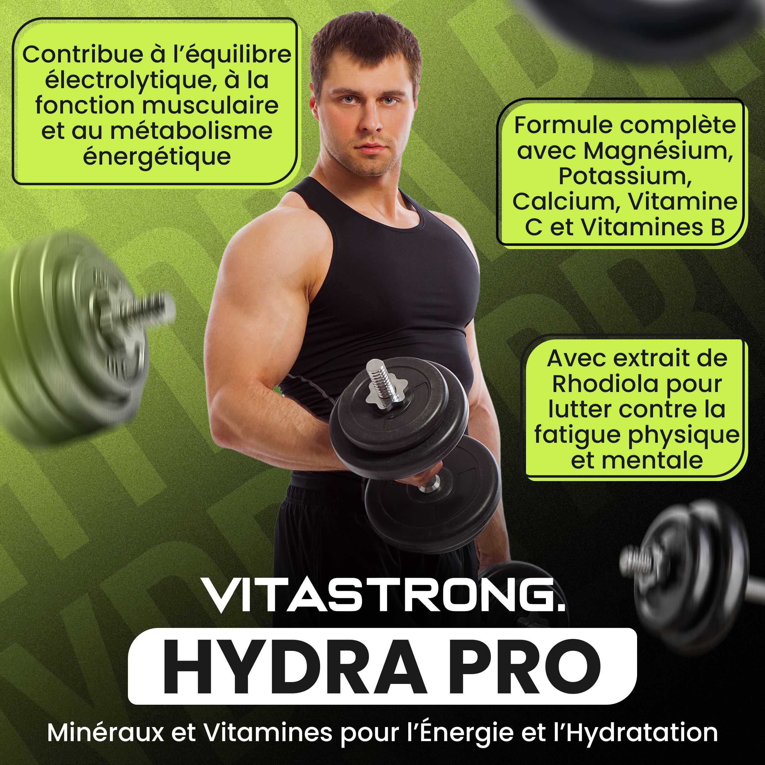 Man met halters. Vitastrong Hydra Pro, mineralen en vitaminen voor energie en hydratatie. Tekstvakken.