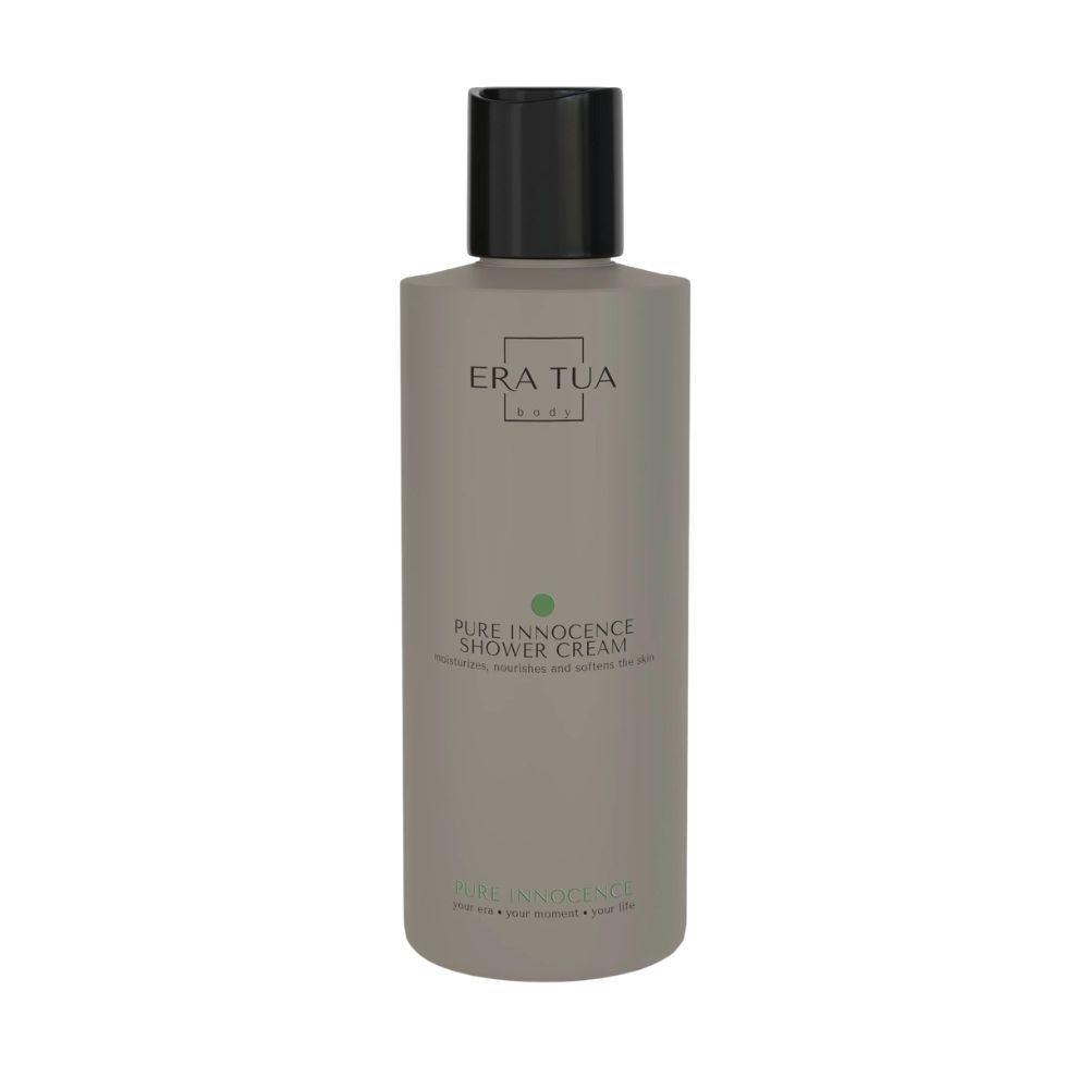 Grijze fles met zwarte dop, ERA TUA PURE INNOCENCE SHOWER CREAM.