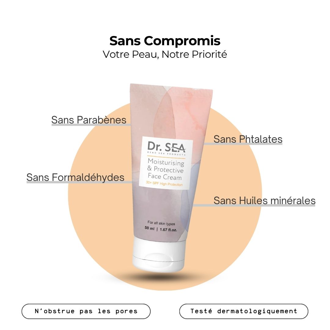 Femme tenant un tube de crème. Inscription : Dr. SEA, Moisturising & Protective Face Cream SPF30+. Texte : Recommandé pour...