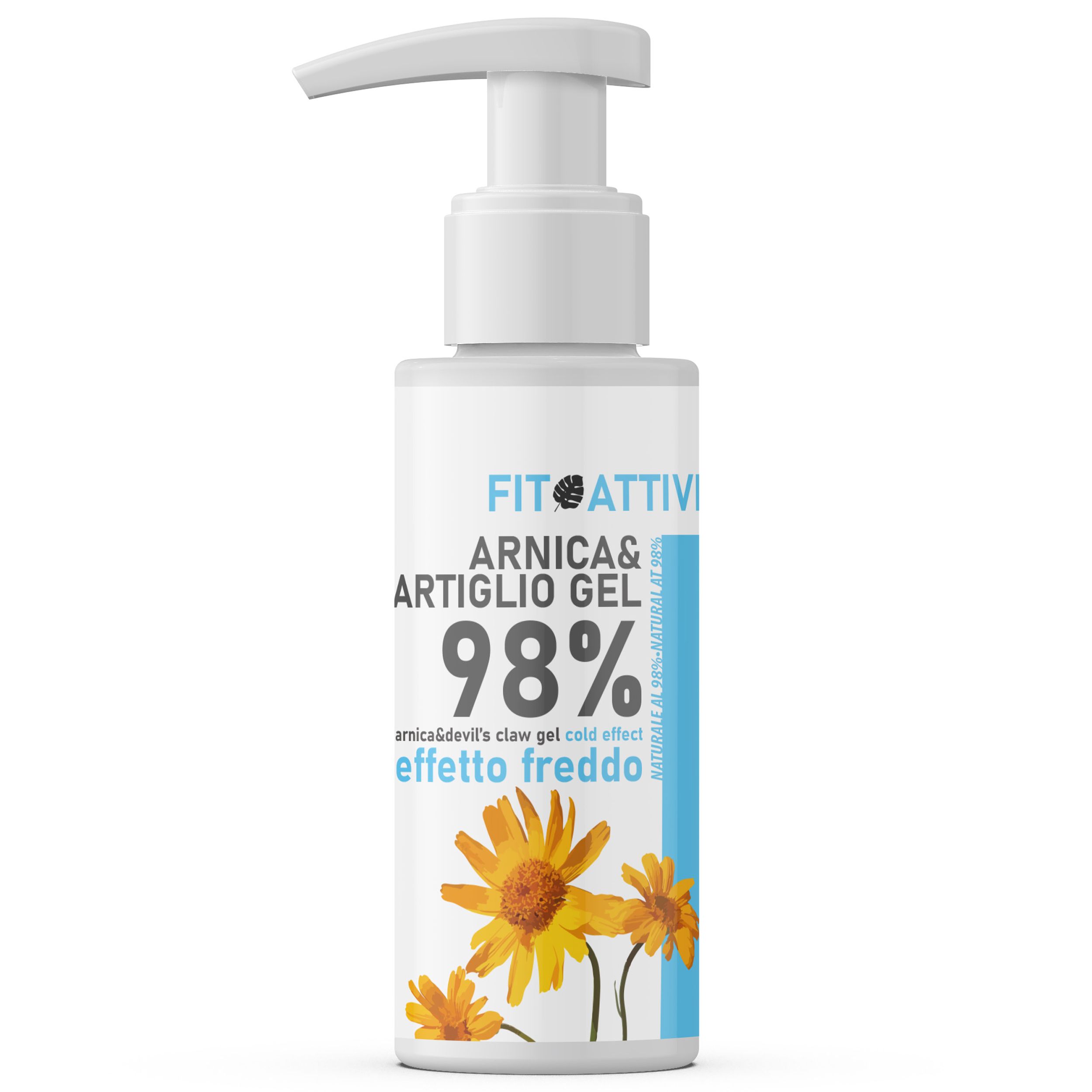 Fitoattivi Arnica & Duivelsklauw Gel, witte fles met doseerpomp. Gel met 98% koud effect. Gel met gele bloemen afgebeeld.
