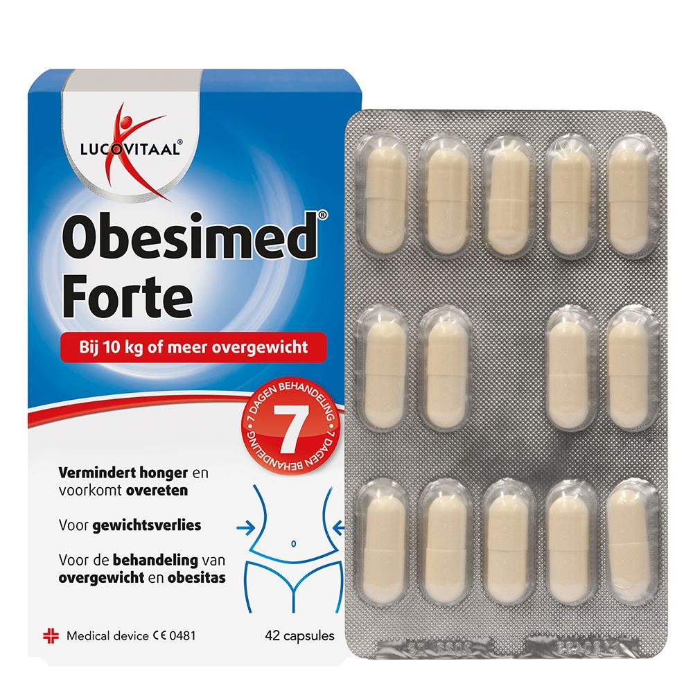 Obesimed Forte verpakking met blister. Blauwe doos met productnaam en informatie. Blister met capsules.