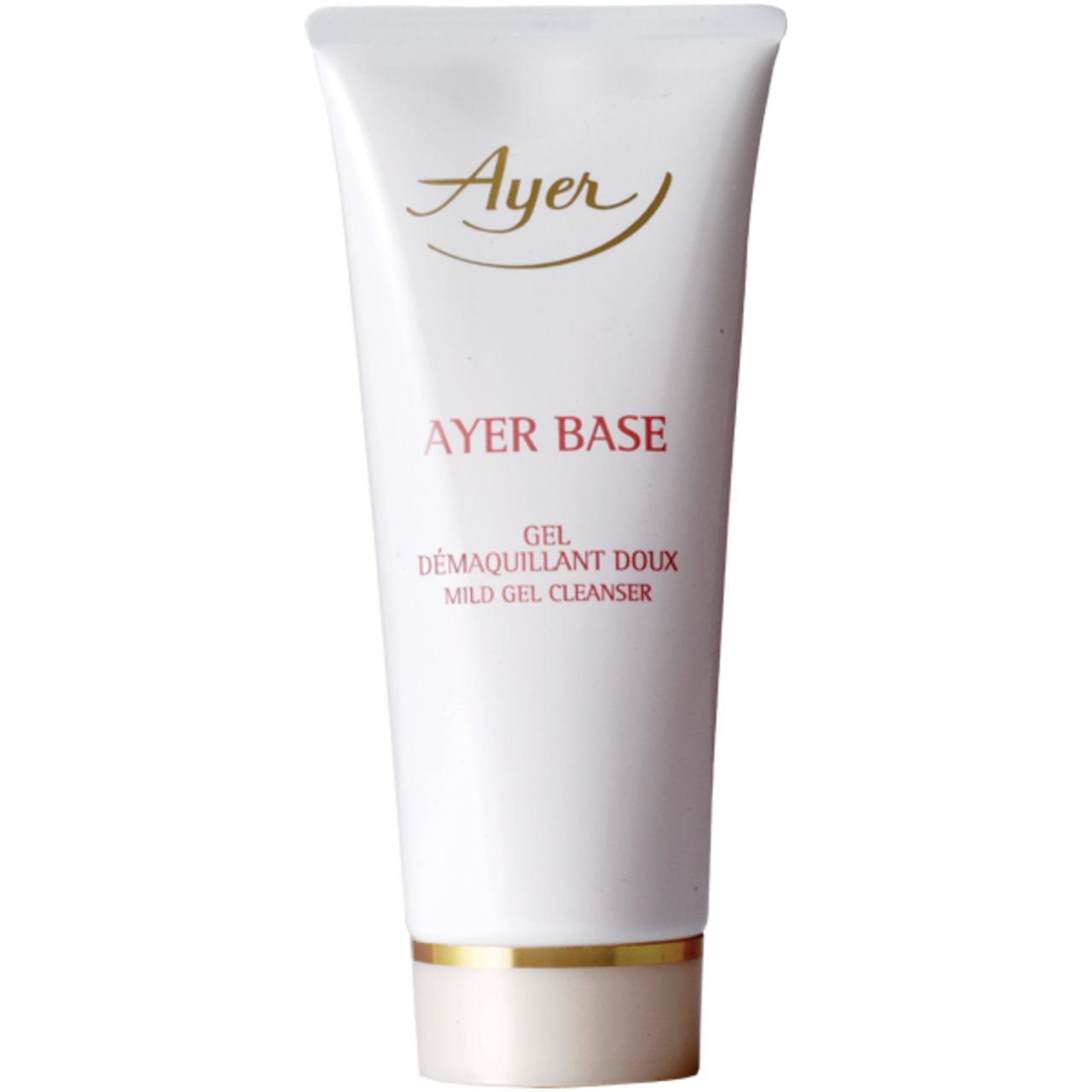 Witte tube met gouden accenten. Opschrift: Ayer, Ayer Base, Gel Demaquillant Doux, Mild Gel Cleanser.