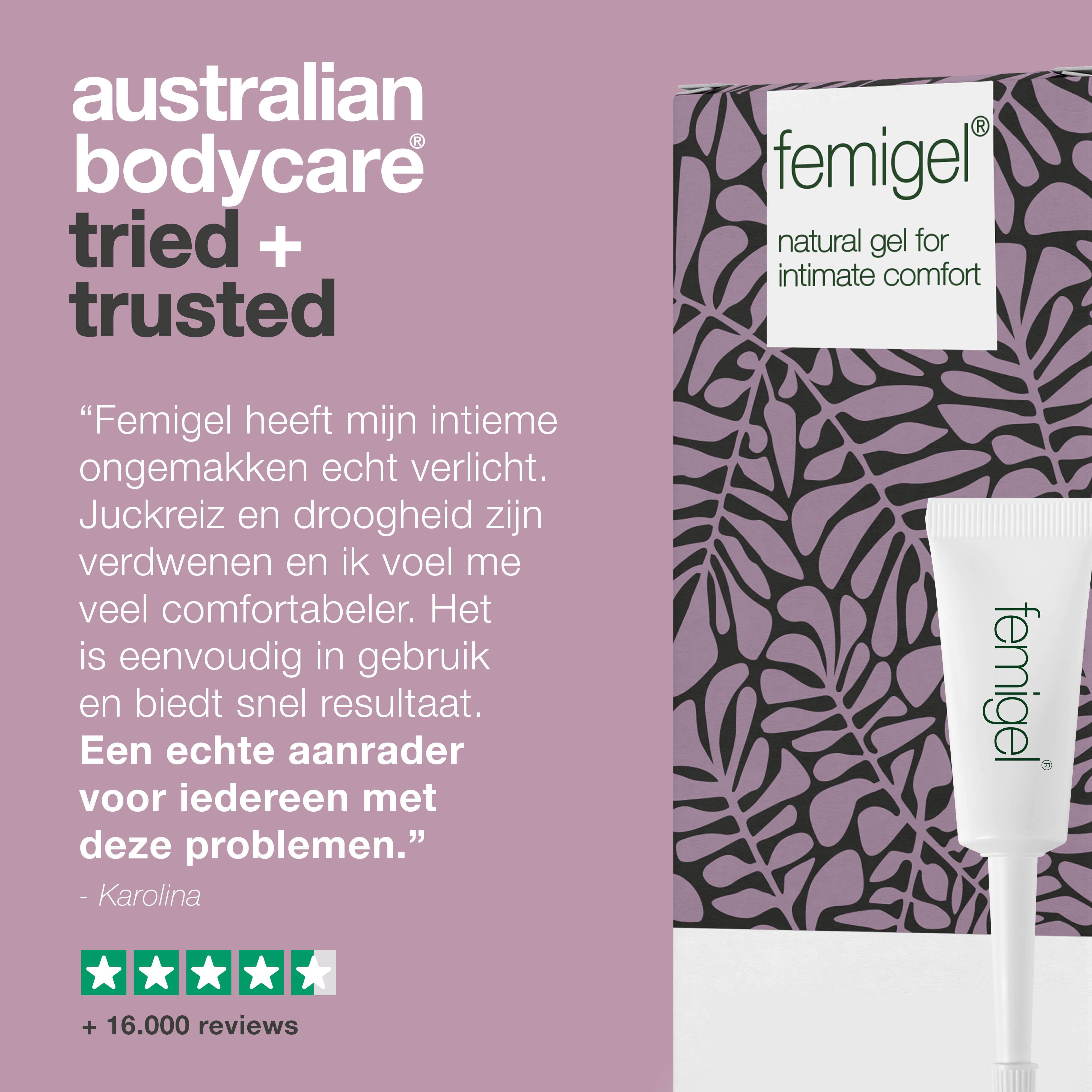 Femigel tube en verpakking. Opschrift: Femigel, Australian Bodycare. Citaat en sterrenbeoordeling.