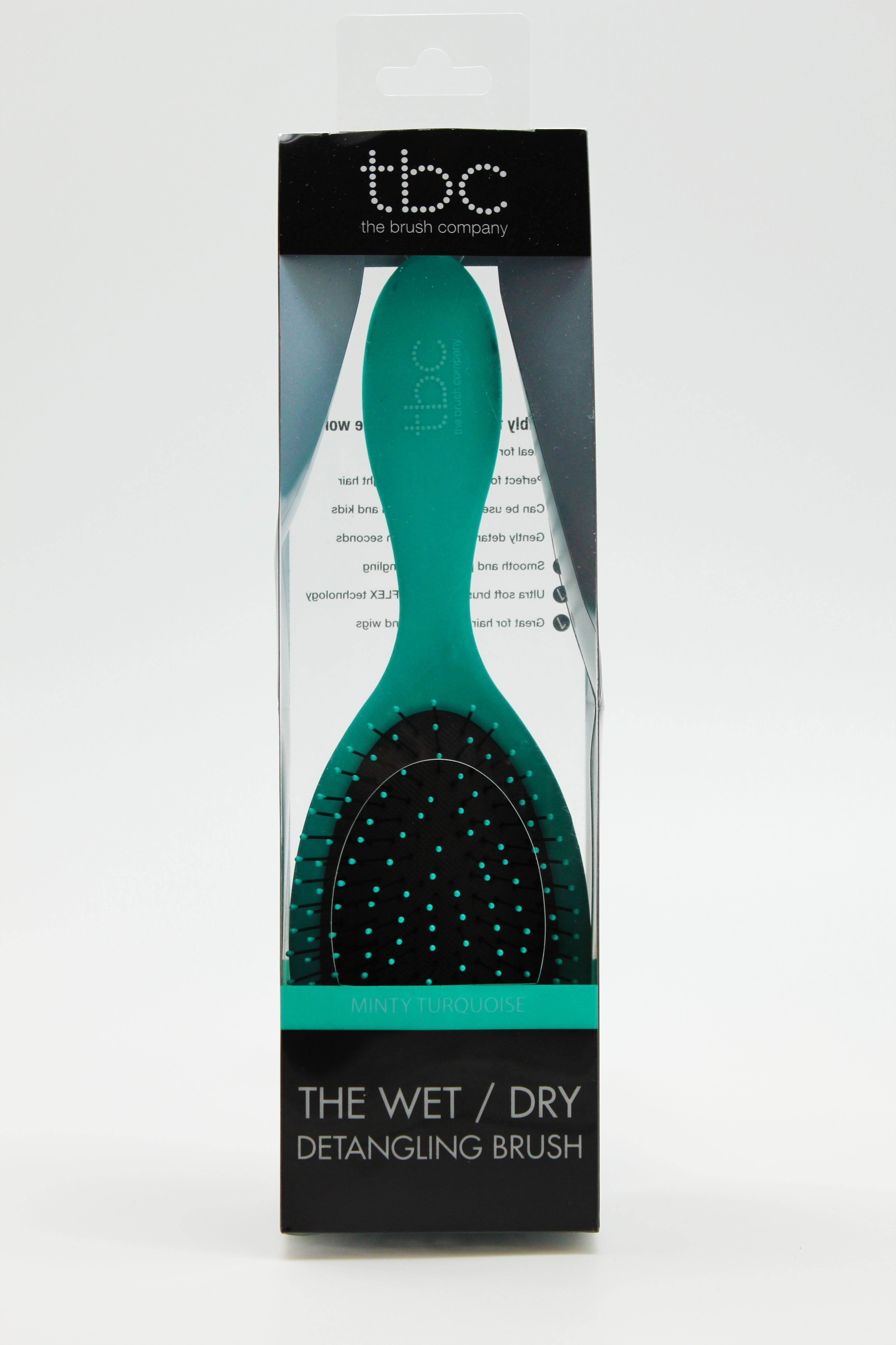 Brosse TBC Wet & Dry couleur menthe turquoise, emballée dans un étui transparent.