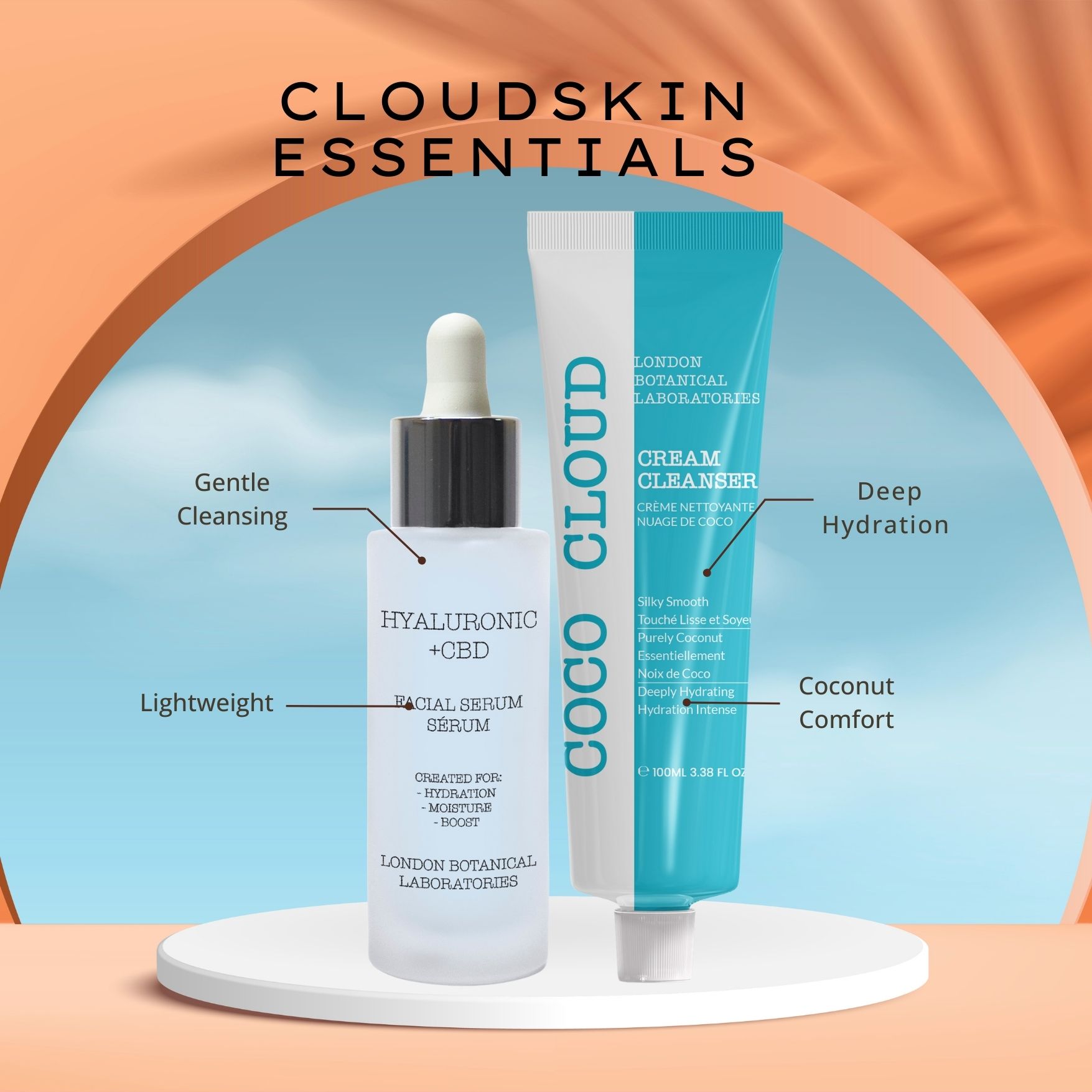 Serumfles en reinigingscrème op sokkel. Opschrift: Coco Cloud, Hyaluronic + CBD, Cream Cleanser. Achtergrond met tekst.