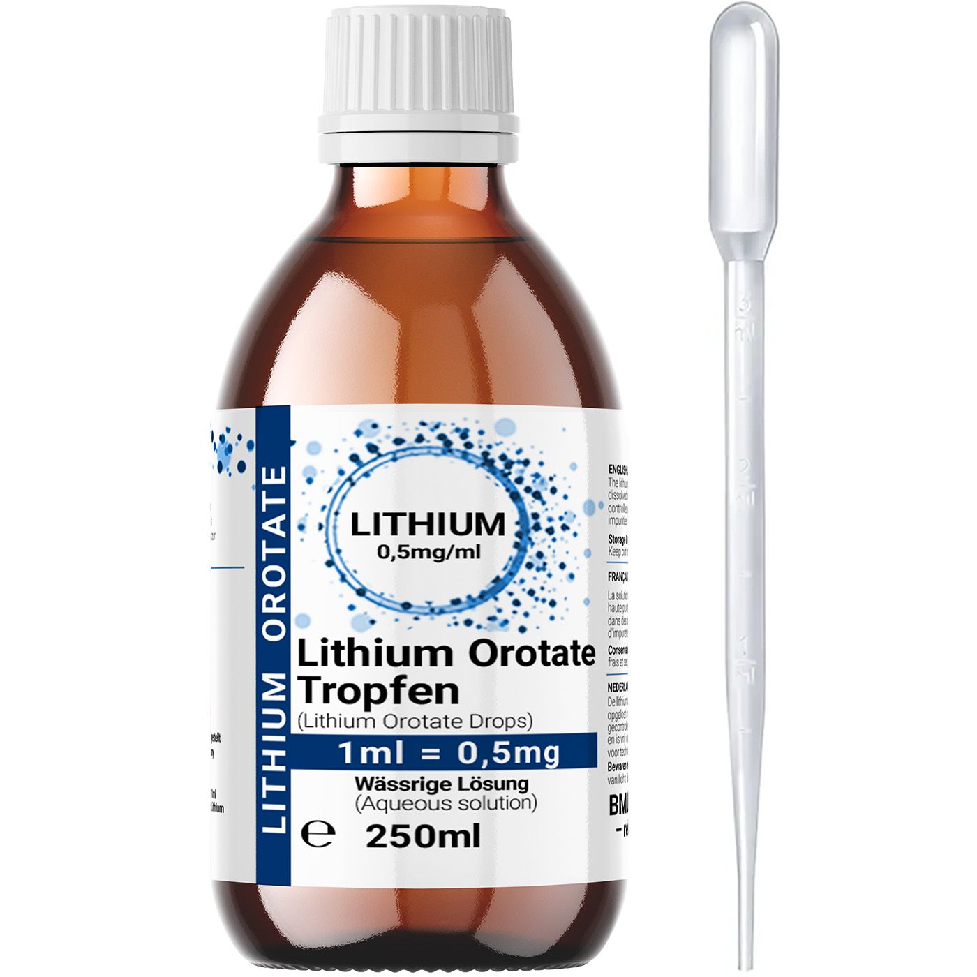 Flacon en verre brun avec bouchon blanc et étiquette. Contient des gouttes d'orotate de lithium. Une pipette est à côté.