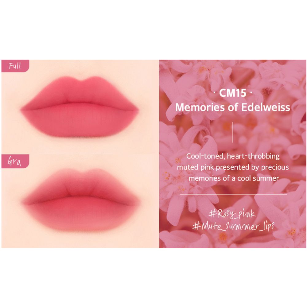 Lippen met twee tinten. Tekst: CM15 Memories of Edelweiss. Roze tint, #Rosy_pink, #Mute_summer_lips.