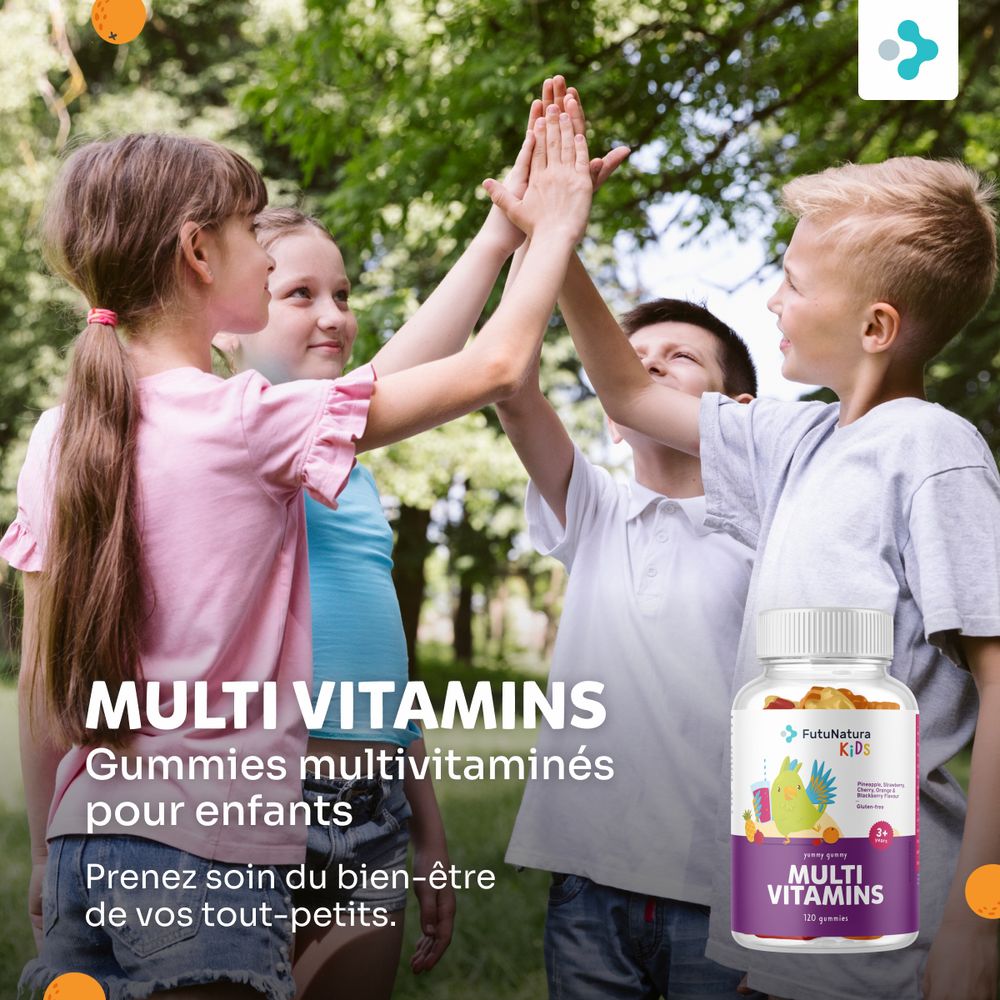 FutuNatura Kids Multi Vitamins en bouteille. Enfants se tapant dans les mains. Texte: Multi Vitamins, Gummies multivitamines pour enfants.