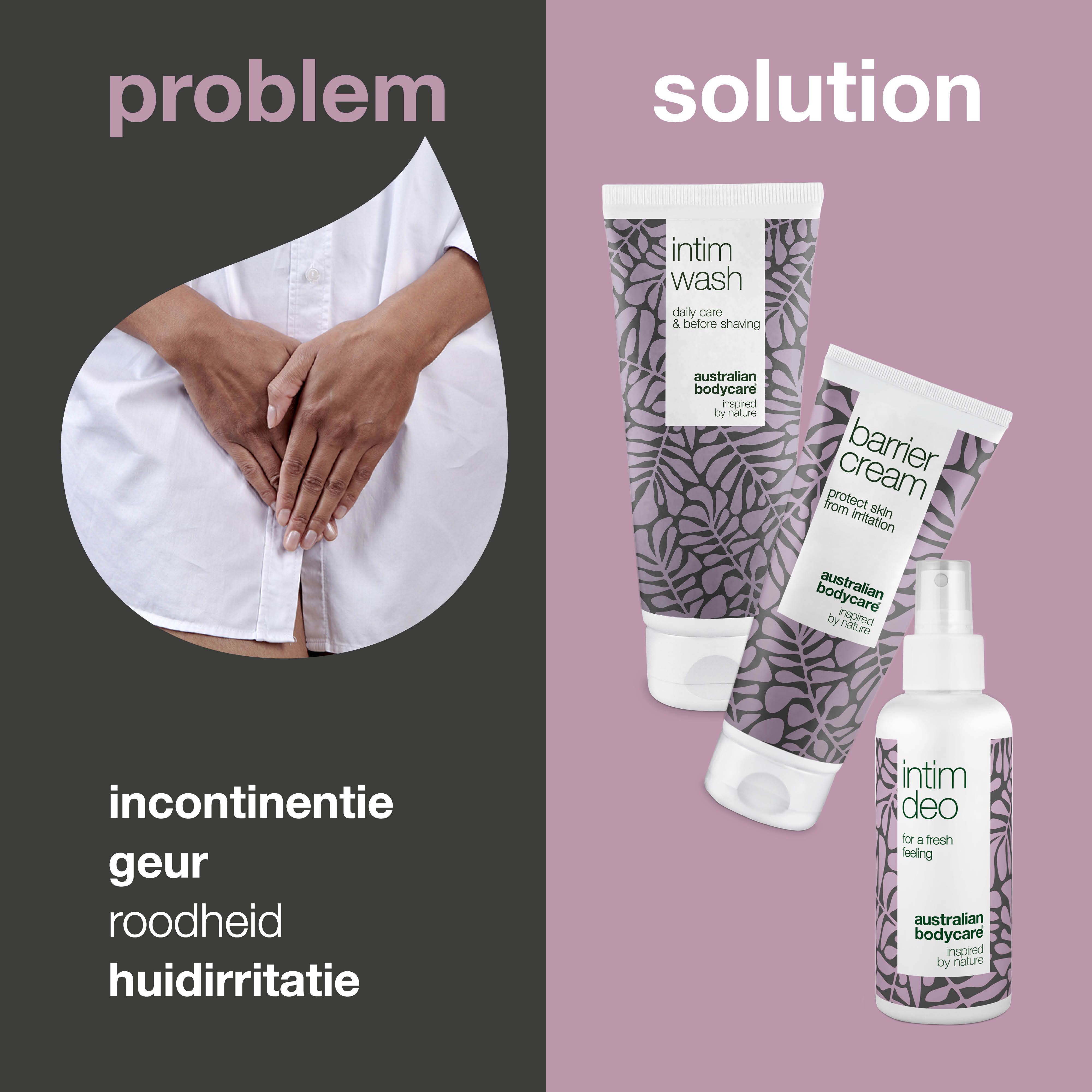 Probleem/oplossing grafiek. Probleem: incontinentie, geur, roodheid, huidirritatie. Oplossing: producten van Australian Bodycare.