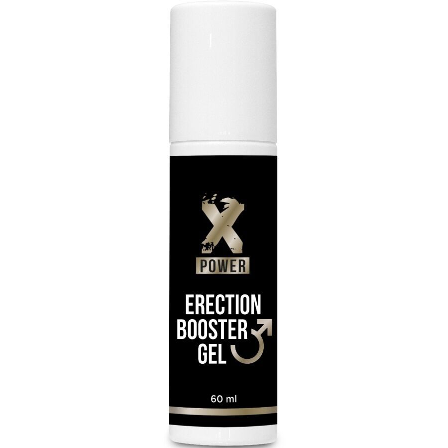 Bouteille de gel Xpower Erection Booster, 60 ml. Étiquette noire avec symbole masculin doré.
