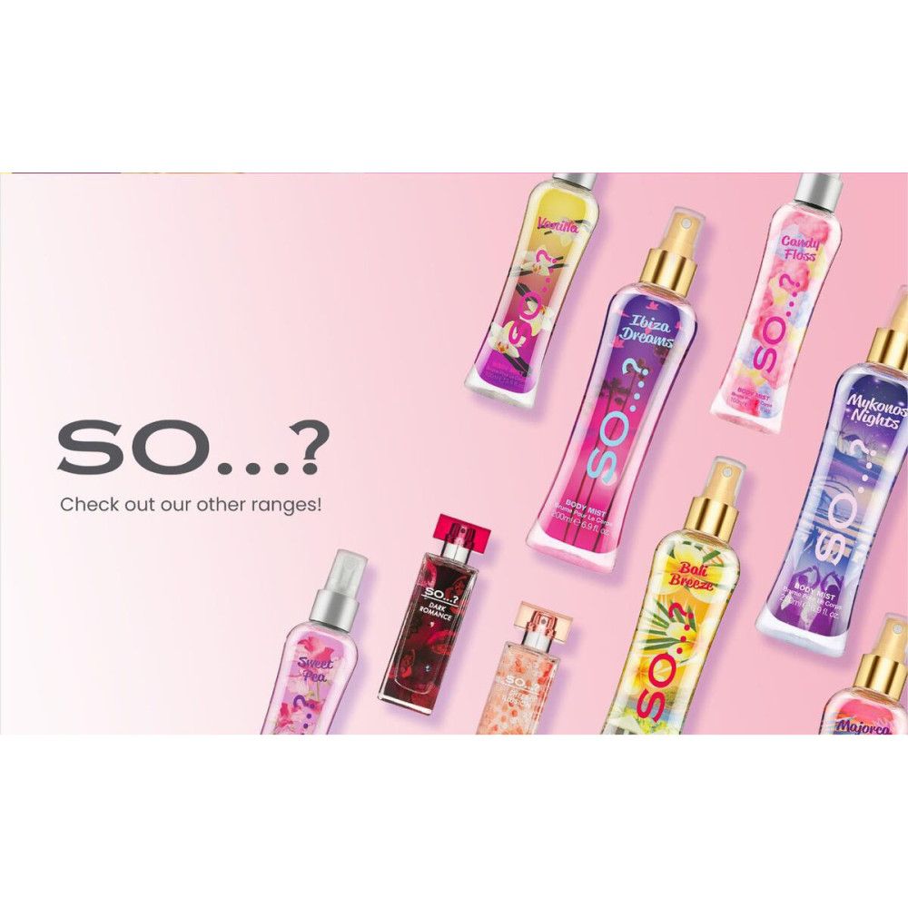 Disposition de brumes corporelles de différentes couleurs et parfums. Nom du produit et slogan sur fond rose.