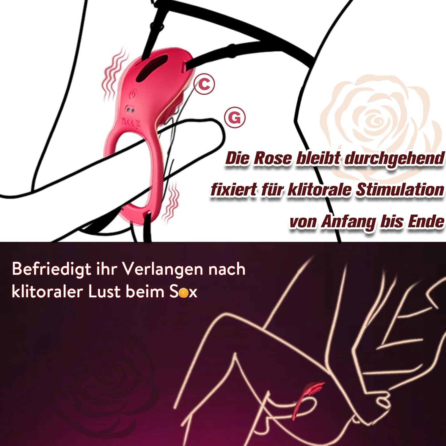 Een roze clitorale stimulator met ringen en vibratiemarkeringen.
