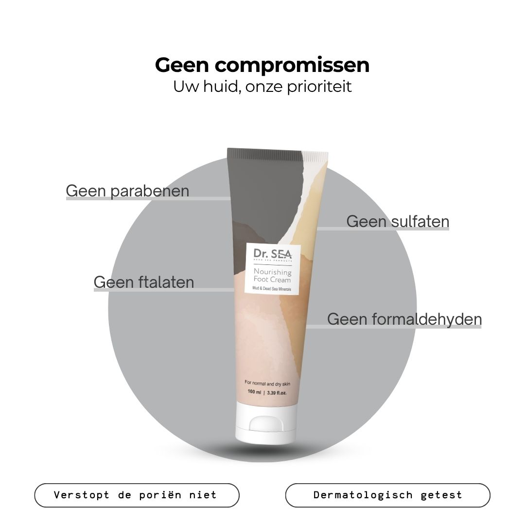 Voetcrèmetube met productnaam en merk. Verloop van beige naar grijs. Tekst: « Nourishing Foot Cream » en « Dr. SEA ».