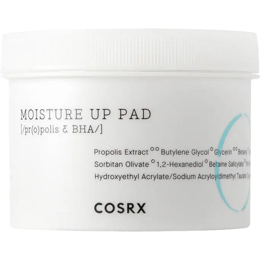 Witte pot met deksel. Opschrift: MOISTURE UP PAD, ingrediënten. Merk COSRX.