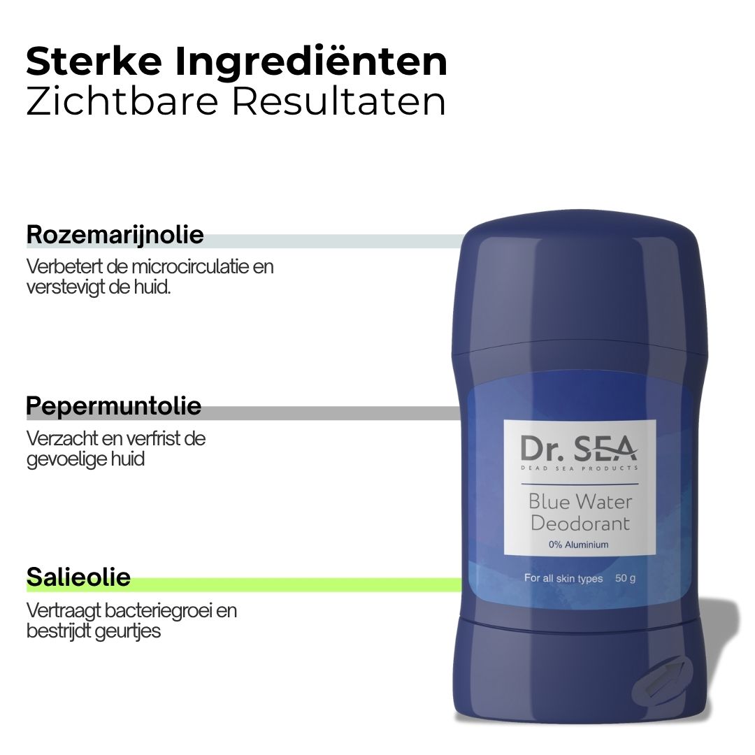 Blauwe deodorantstick. Tekst: Sterke ingrediënten. Rozemarijnolie, pepermuntolie, salieolie. Opschrift: Dr. SEA.