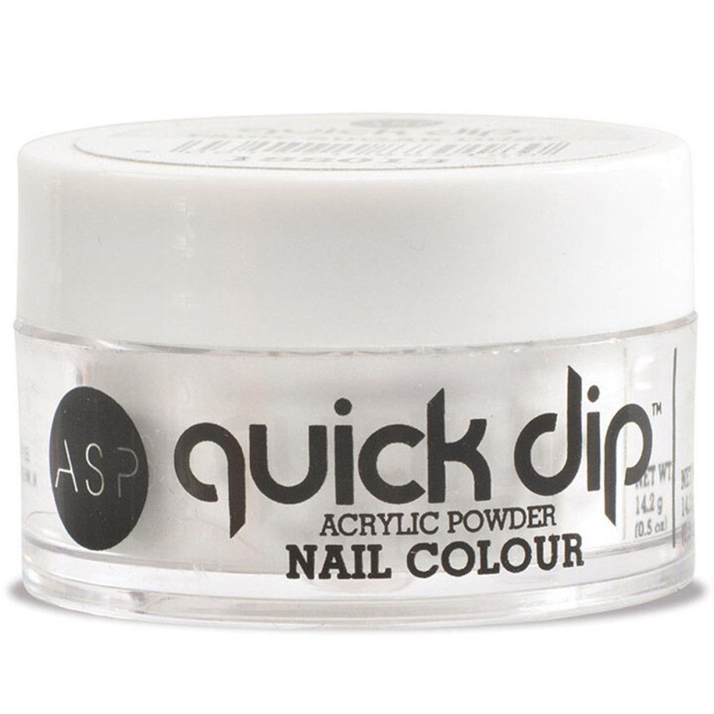 Pot rond blanc. Inscriptions : ASP, quick dip, Acrylic Powder, Nail Colour. Contenu : poudre blanche.