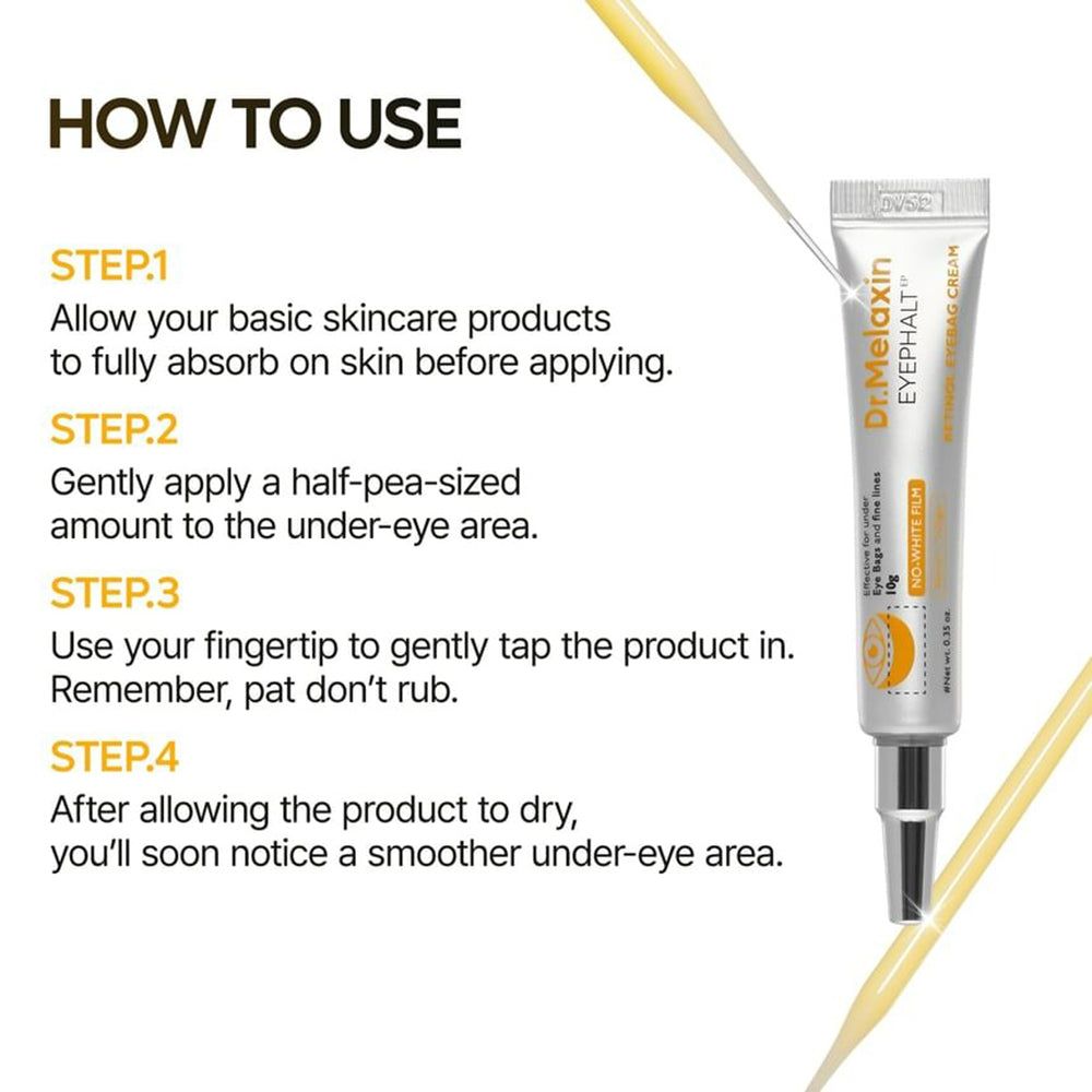 Instructions d'utilisation de la crème contour des yeux Dr. Melaxin Retinol.