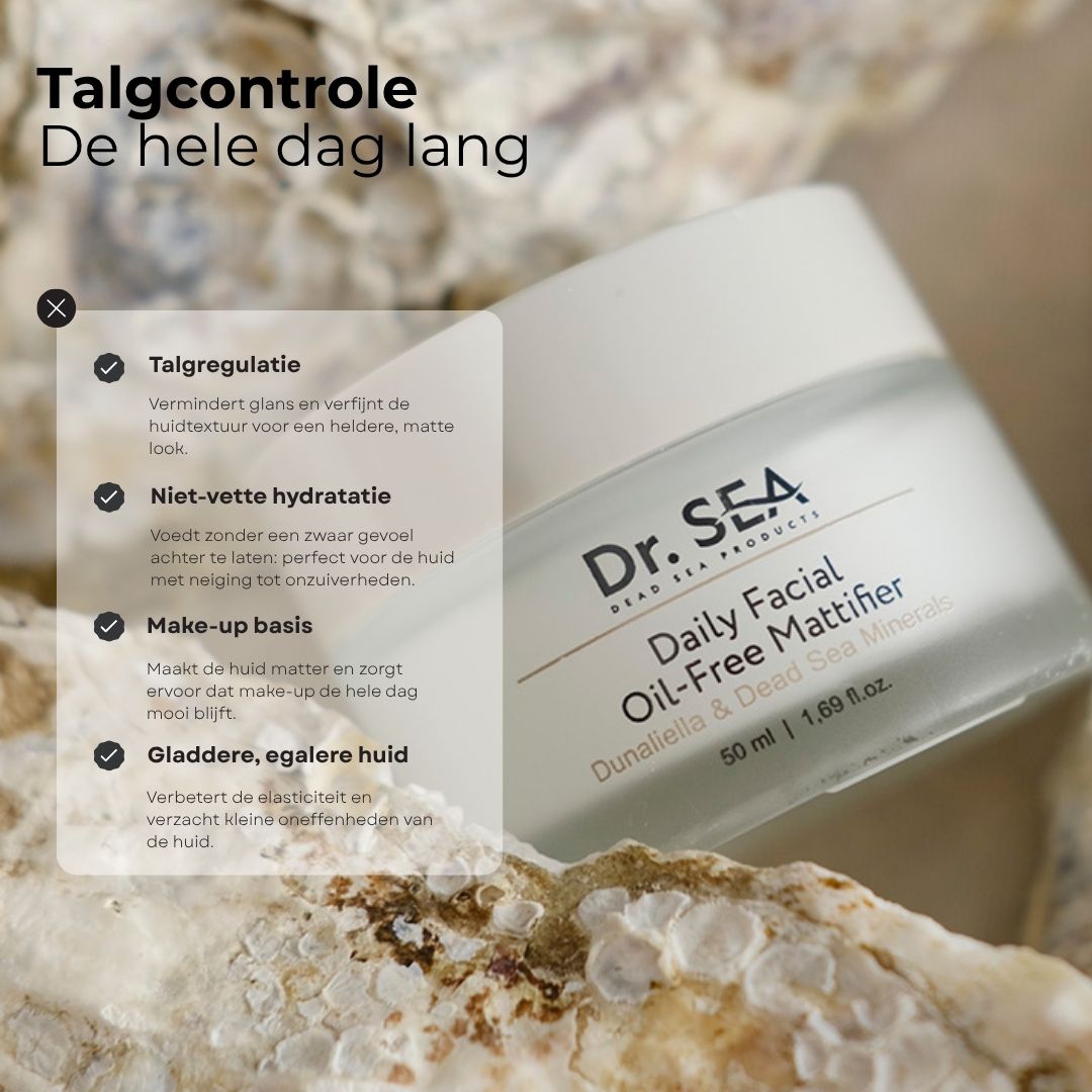 Crèmepot met tekst. Tekst: Talgcontrole De hele dag lang, Talgregulatie, Niet-vette hydratatie, Make-up basis, Gladdere, egalere huid.