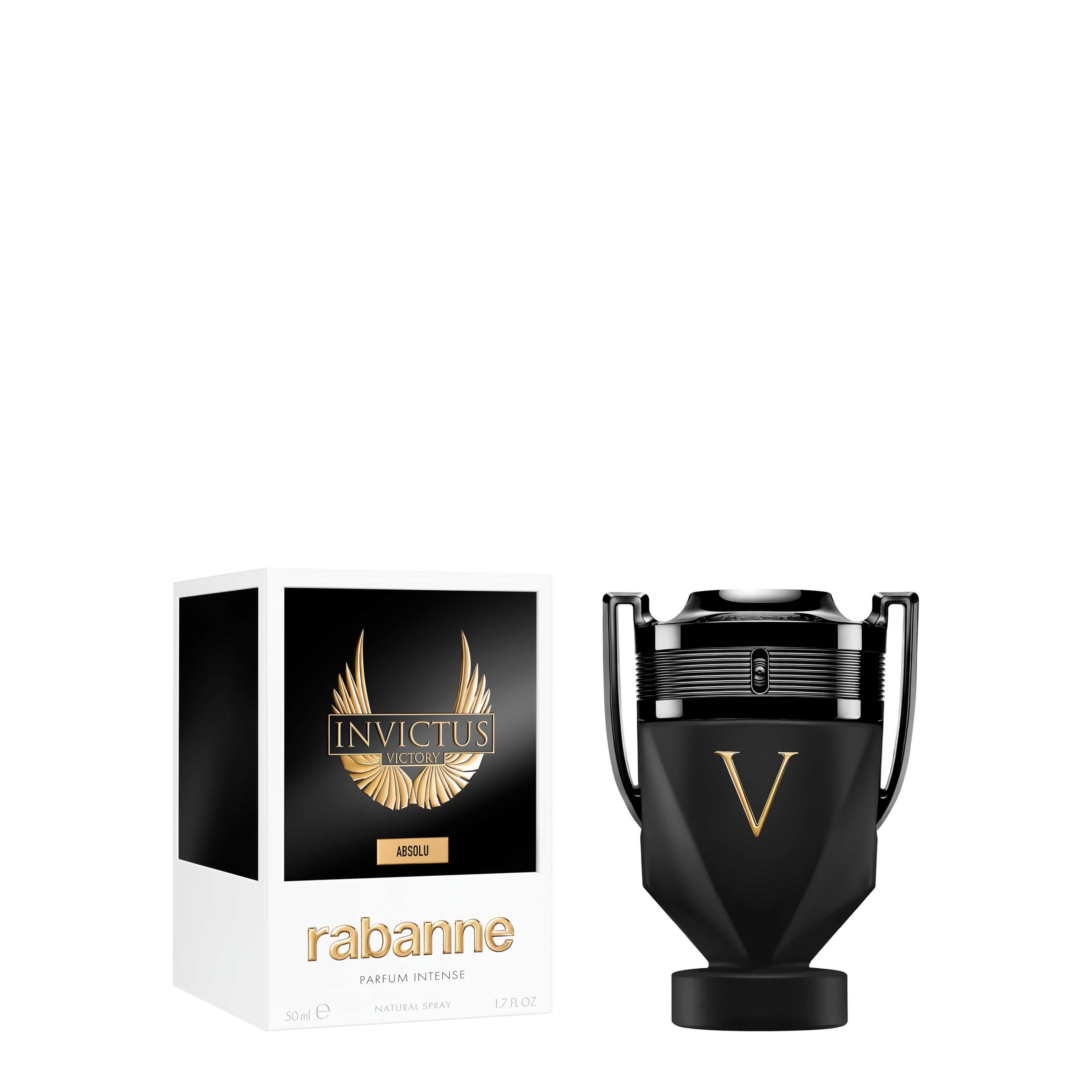 Zwarte flacon met gouden "V". Witte verpakking met logo en productnaam. Opschrift "Invictus Victory Absolu".