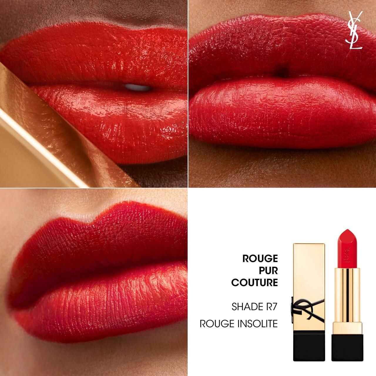 Collage : lèvres avec rouge à lèvres rouge, logo YSL, emballage de rouge à lèvres.
