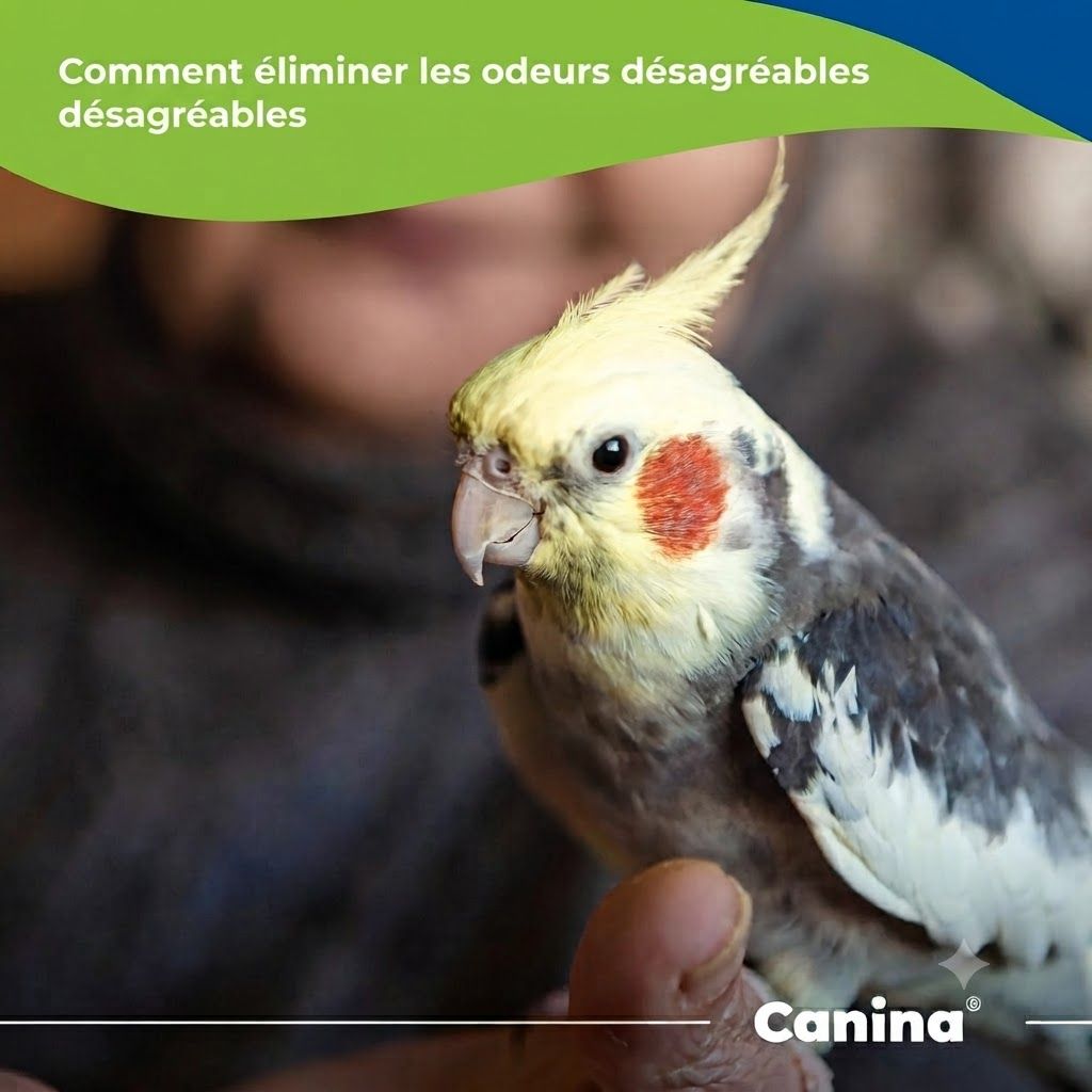 Bouteille de spray Canina PETVITAL Bio-Fresh & Clean, avec pulvérisateur et éléments bleus.