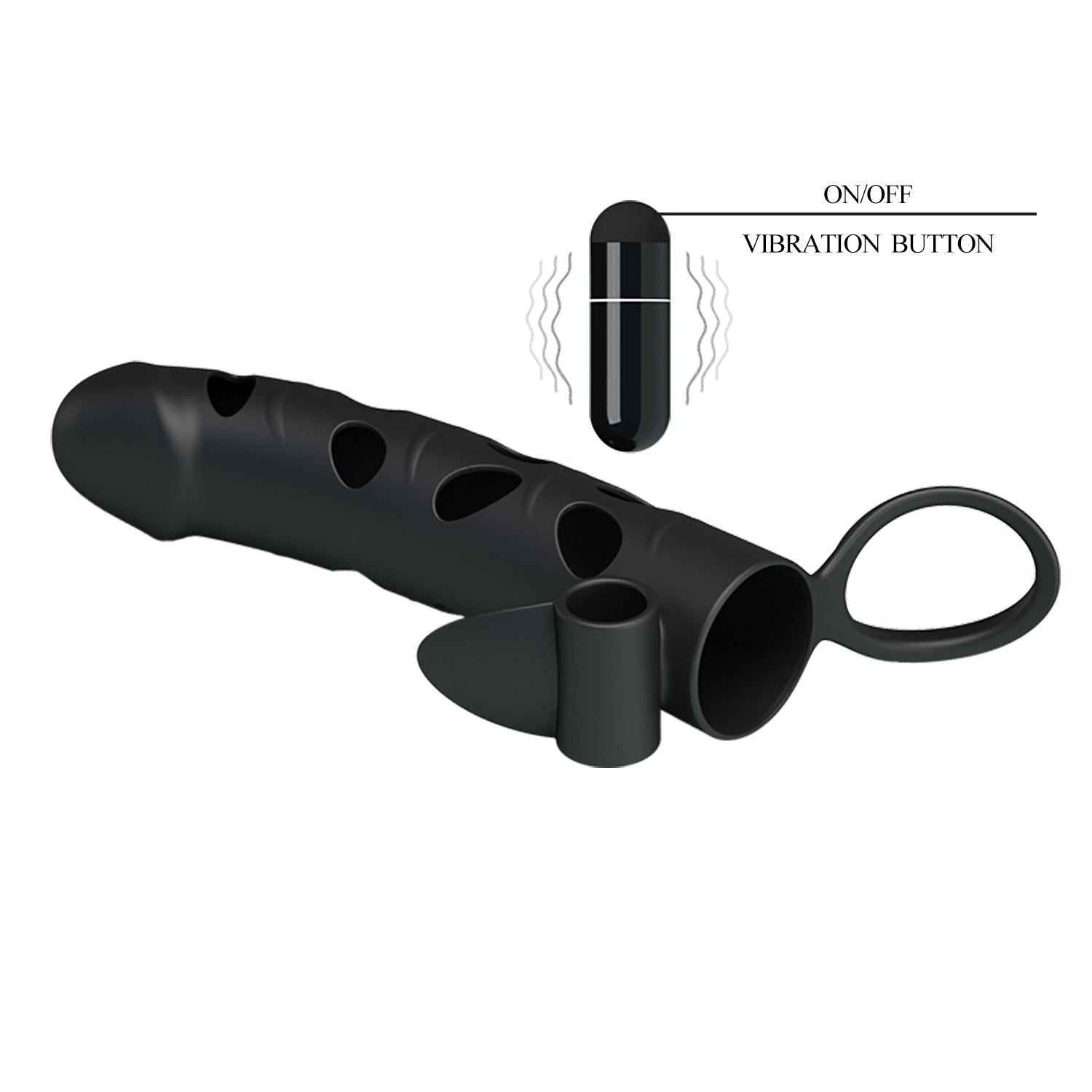 Allonge de pénis noire avec motif ajouré, anneau et vibromasseur amovible.