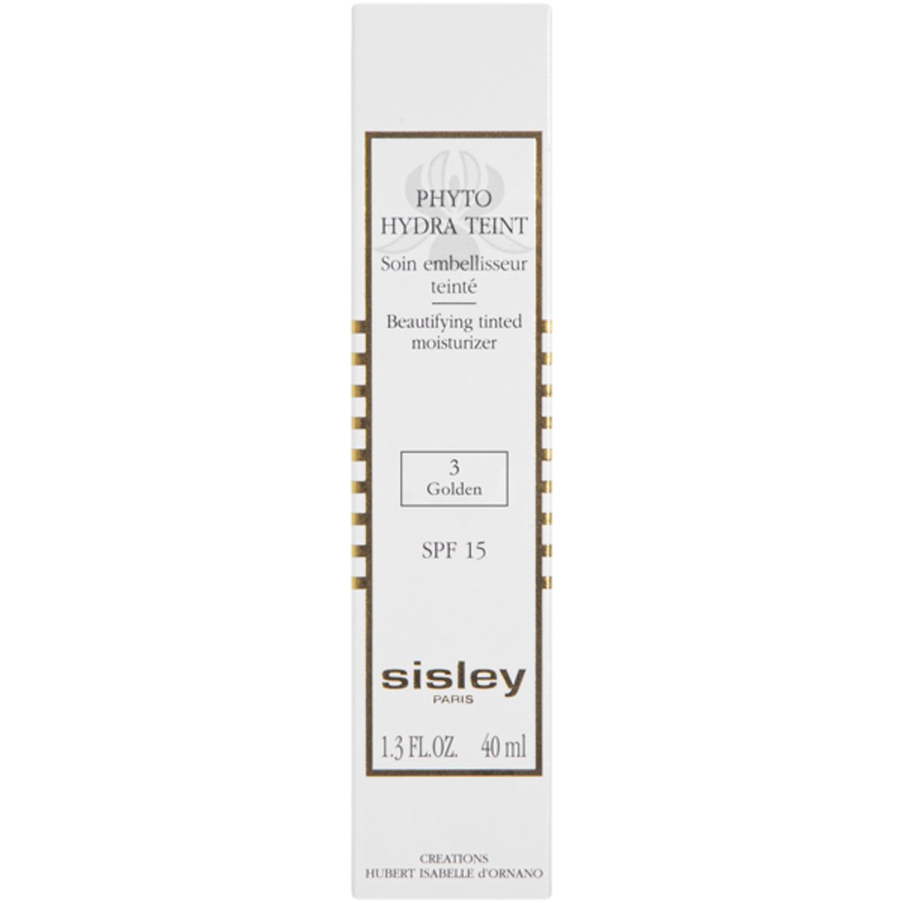Verpakking Sisley Phyto-Hydra Teint. Witte doos met gouden details. Productnaam, tint 3 Golden, SPF 15 en volume-aanduiding.