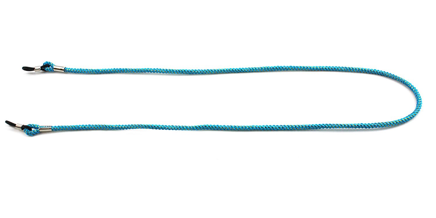 Cordon de lunettes turquoise, vue droite. Corde tressée avec extrémités métalliques et boucles pour branches.