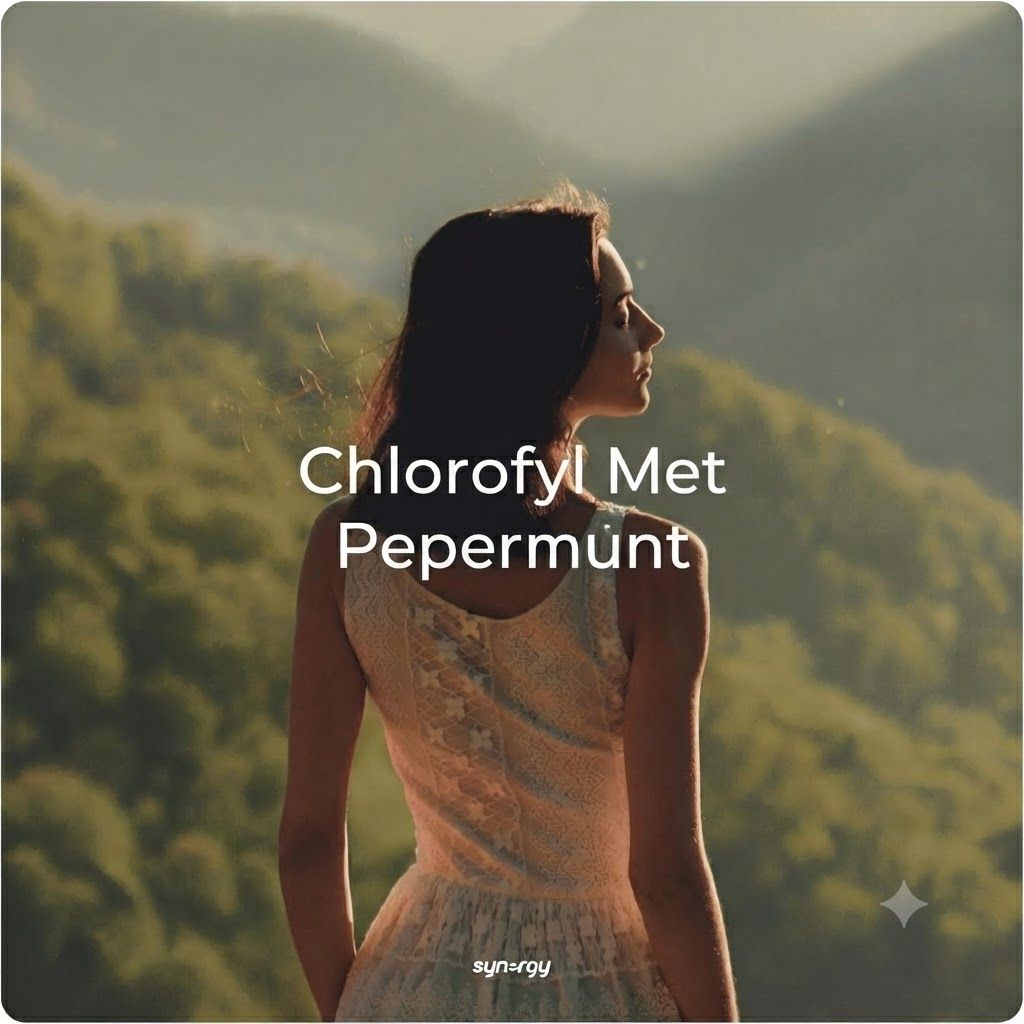 Vrouw in jurk met tekst "Chlorofyl Met Pepermunt".