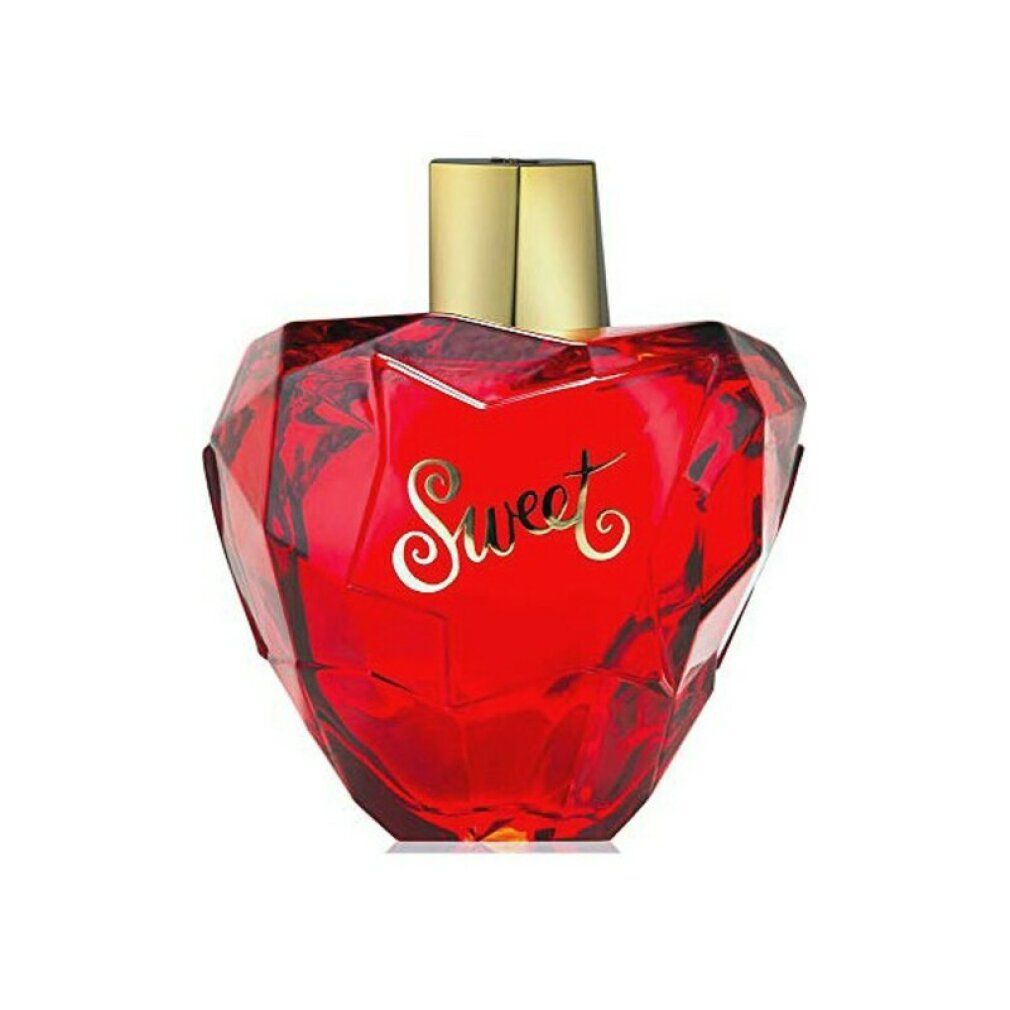 Flacon rouge en forme de cœur avec bouchon doré. Inscription "Sweet".