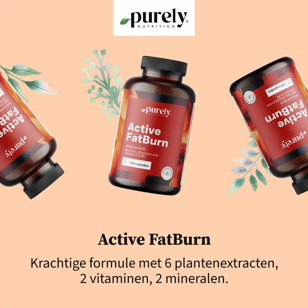 Meerdere potten 'Active FatBurn' op rode achtergrond. Links: 'Active FatBurn', 120 capsules, botanische mix.