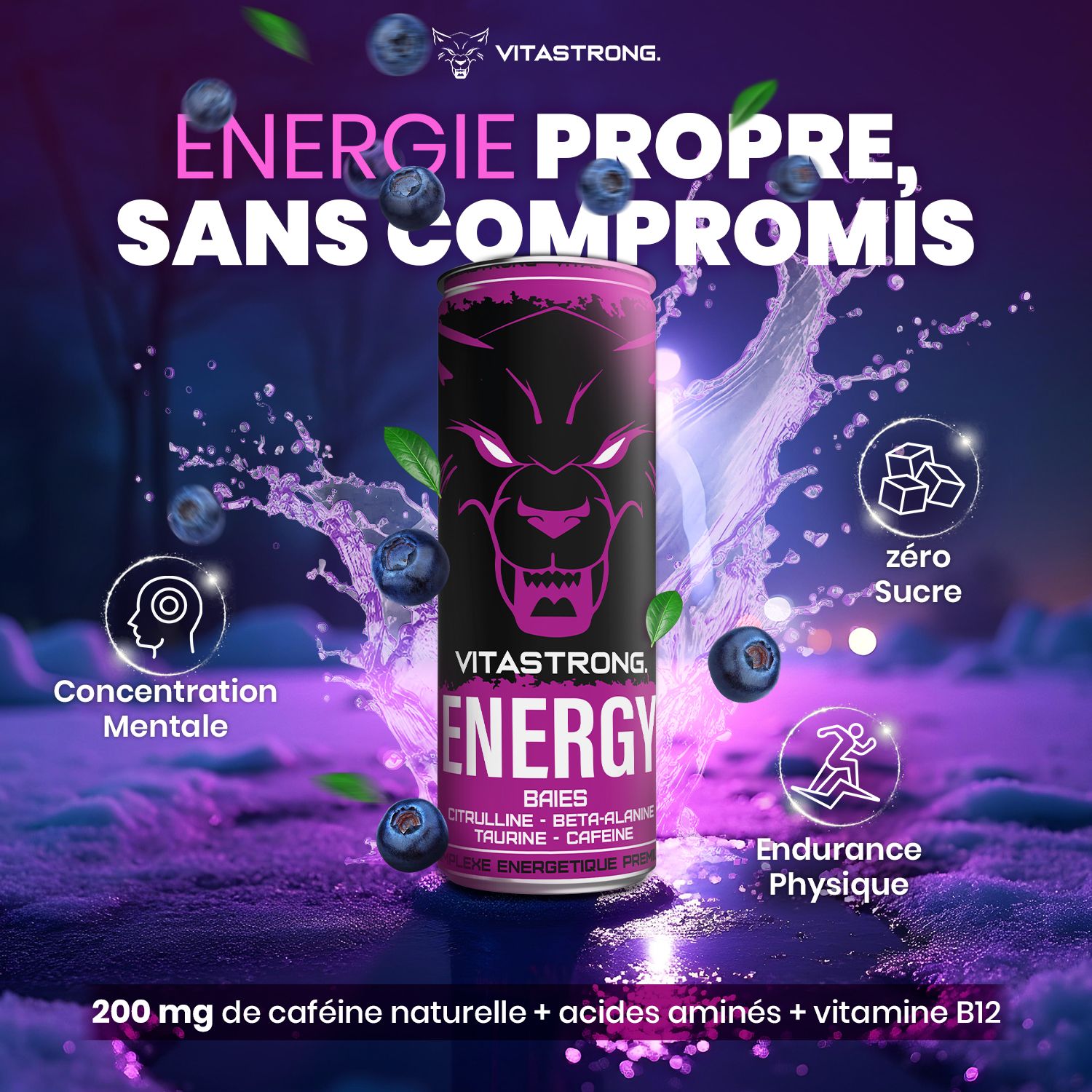 Vitastrong Energy Berries blikje, blauwe bessen, tekst. Schone energie, zonder compromissen, concentratie.