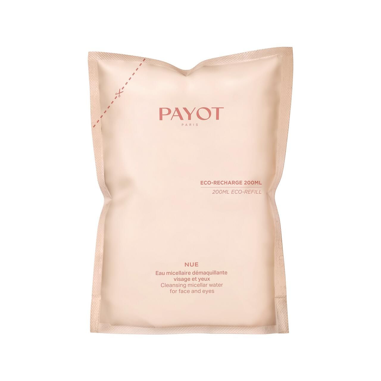 Beige navulverpakking met Payot-logo en productnaam. Tekst: Eco-Recharge 200ml, Nue Eau Micellaire Démaquillante.