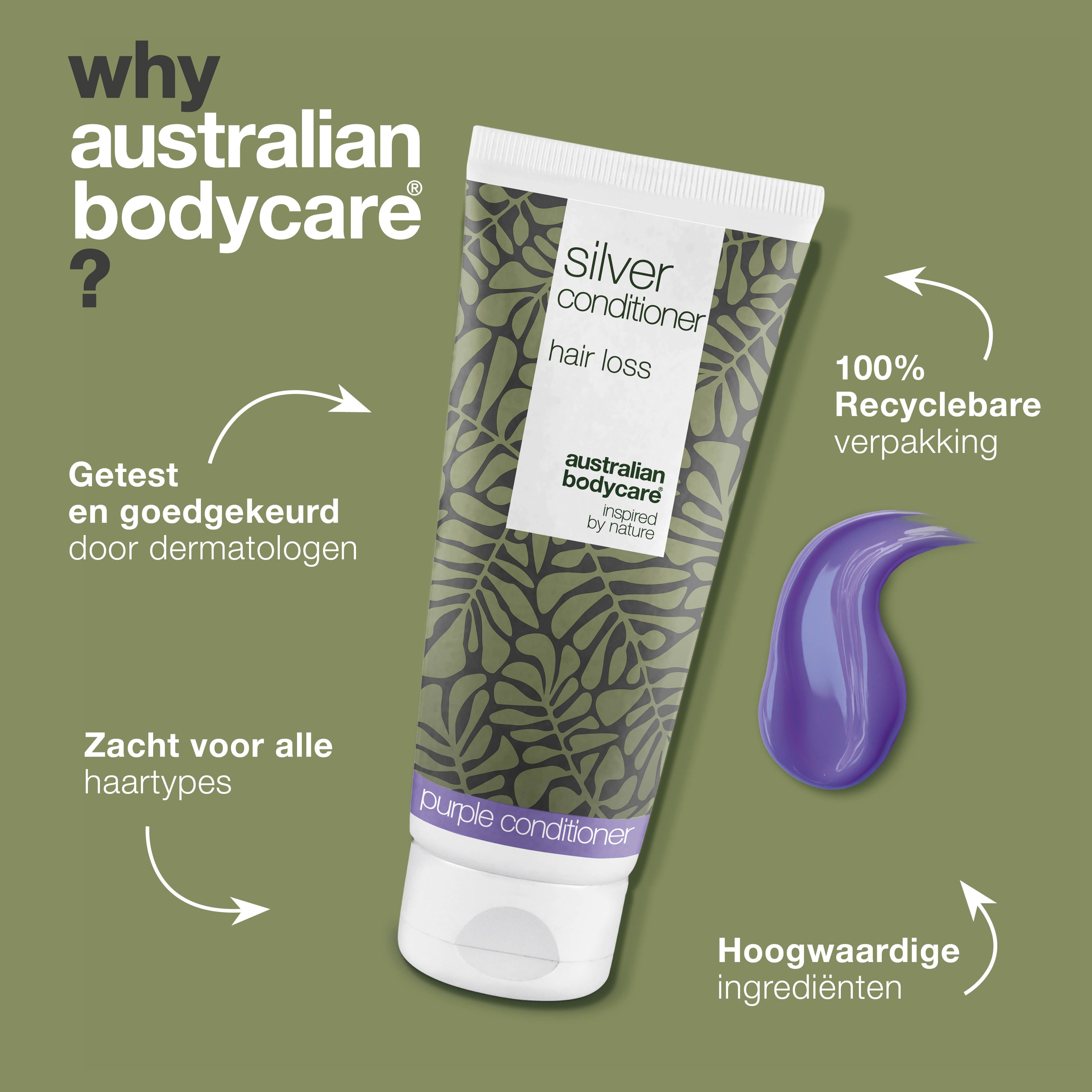 Tube conditioner. Tekst: Silver Conditioner, haaruitval. Merk: Australian Bodycare. Tekst: Waarom Australian Bodycare?