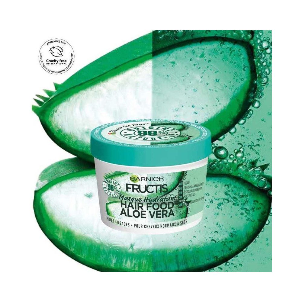 Garnier Fructis Hair Food Haarmasker met Aloë Vera, 98% natuurlijke ingrediënten, in een ronde pot met plakjes aloë vera.
