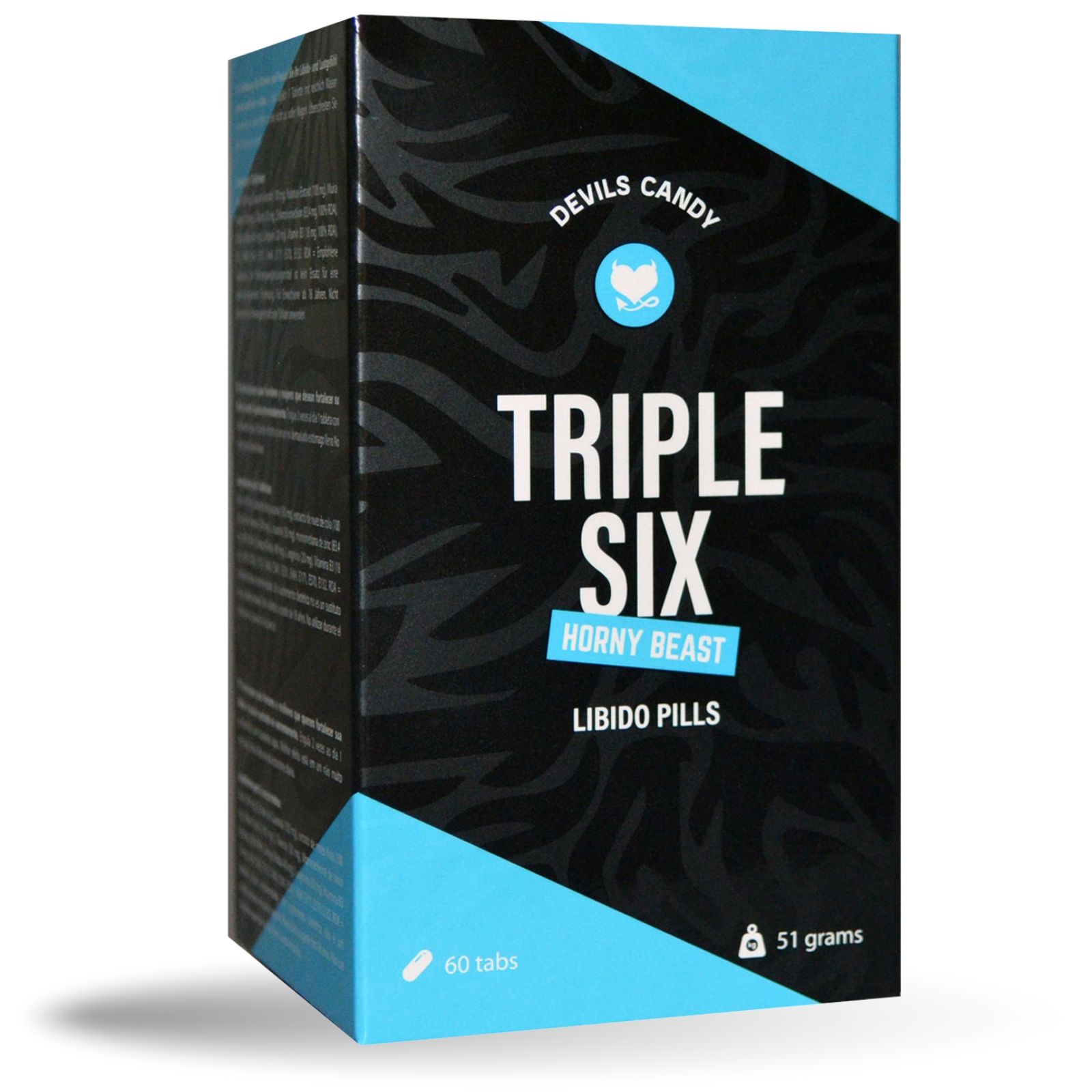 Doos "Devils Candy" en "Triple Six" Libido Pills. 60 tabletten, 51 gram. Zwart en blauw ontwerp.