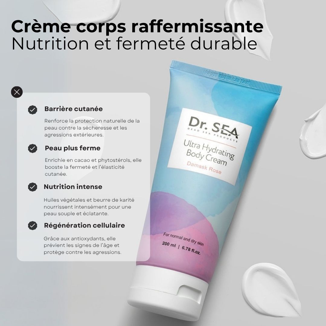 Tube de crème avec texte et diagramme. Inscription : Ultra Hydrating Body Cream, Damask Rose. Marque : Dr. SEA.