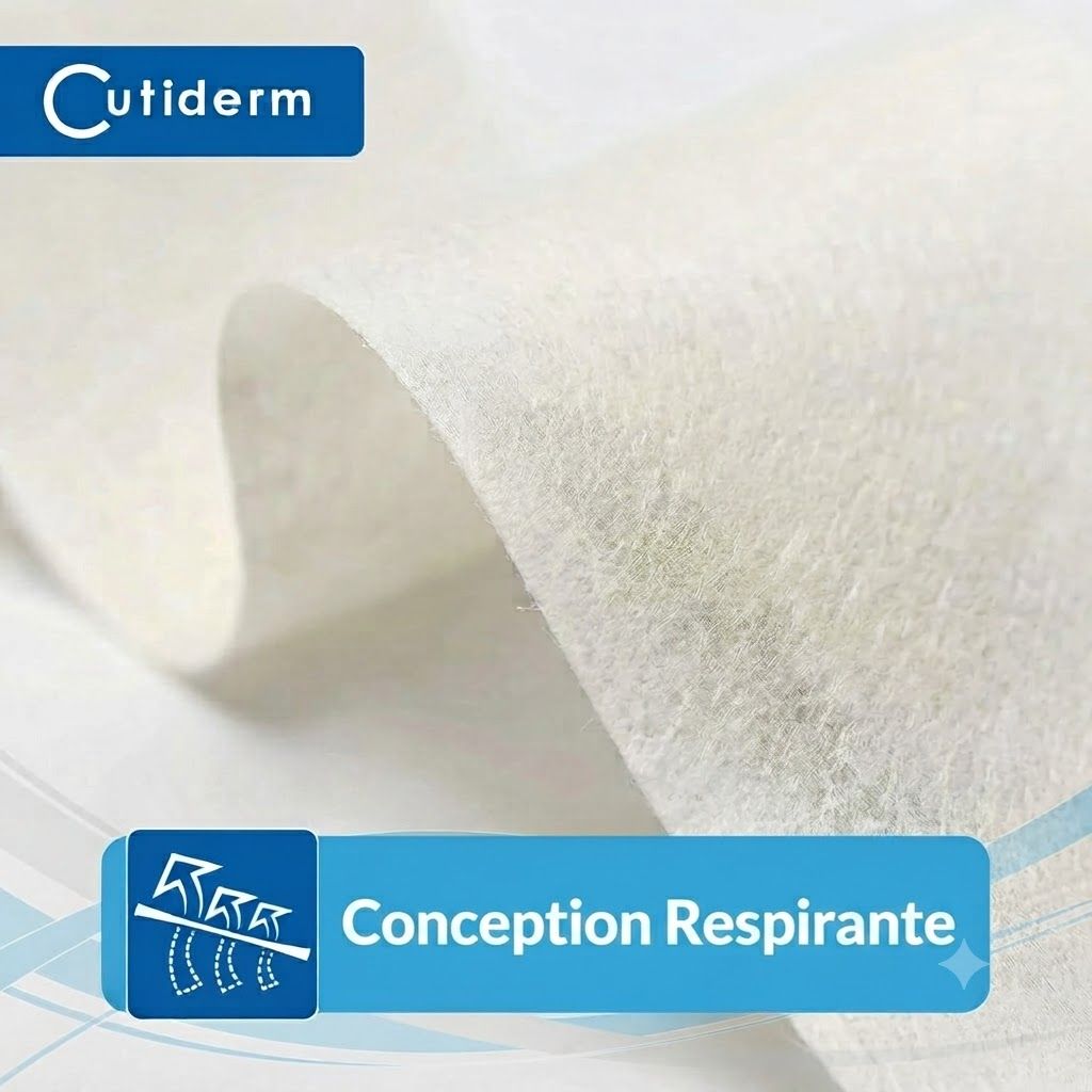Matériau blanc et respirant avec logo Cutiderm et texte "Conception Respirante".