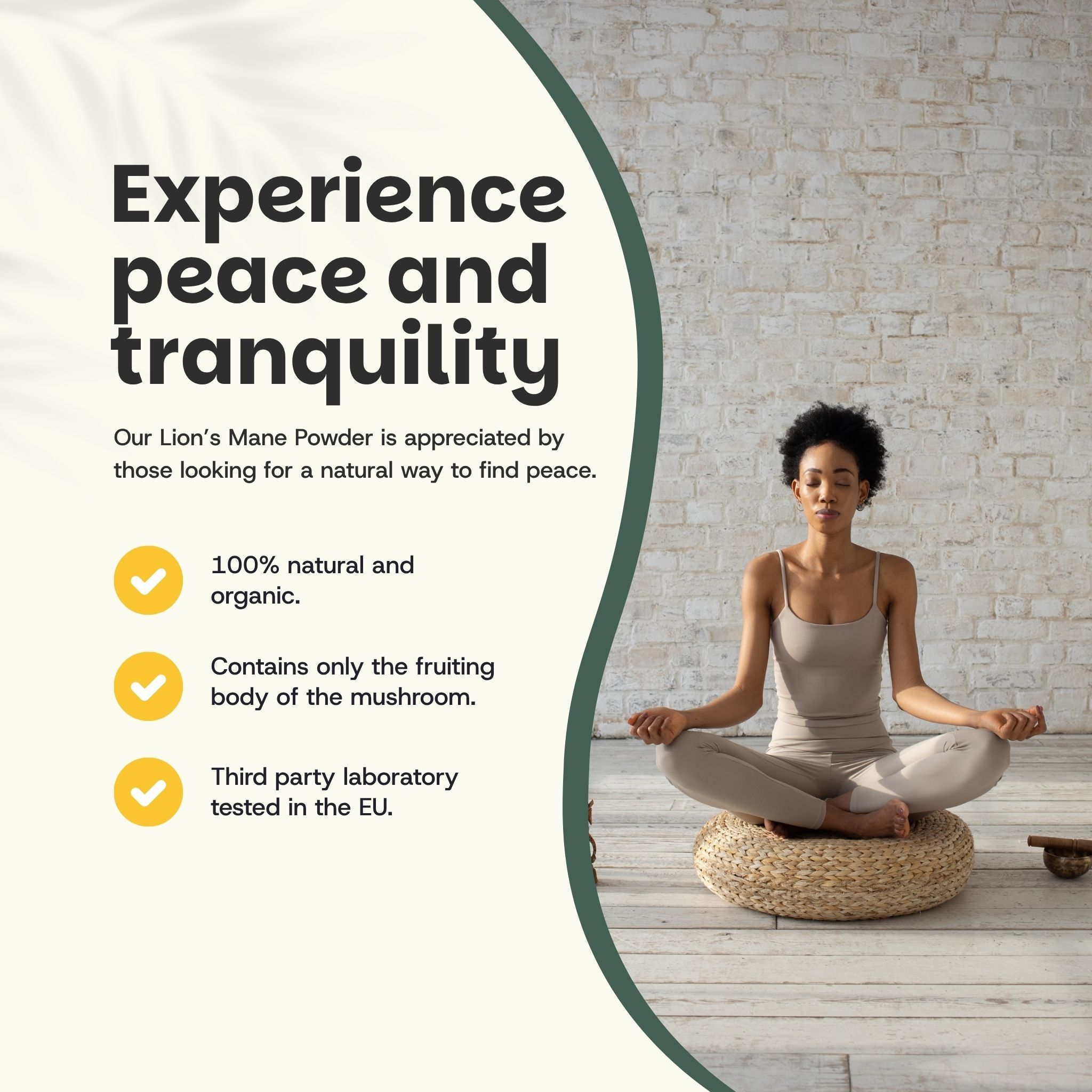 Femme méditant. Texte : Découvrez la paix et la tranquillité. 100% naturel et biologique. Contient uniquement le corps du fruit.