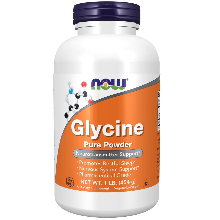 Witte pot met blauwe deksel. Opschrift: Glycine Pure Powder. Bevat informatie over ondersteuning van het zenuwstelsel.