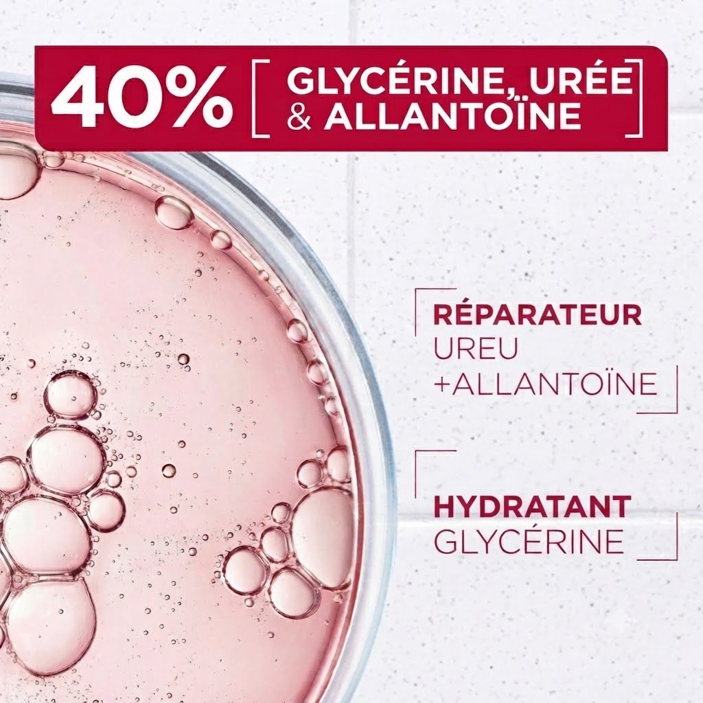 40% Glycérine, Urée & Allantoïne. Réparateur: Urée + Allantoïne. Hydratant: Glycérine.