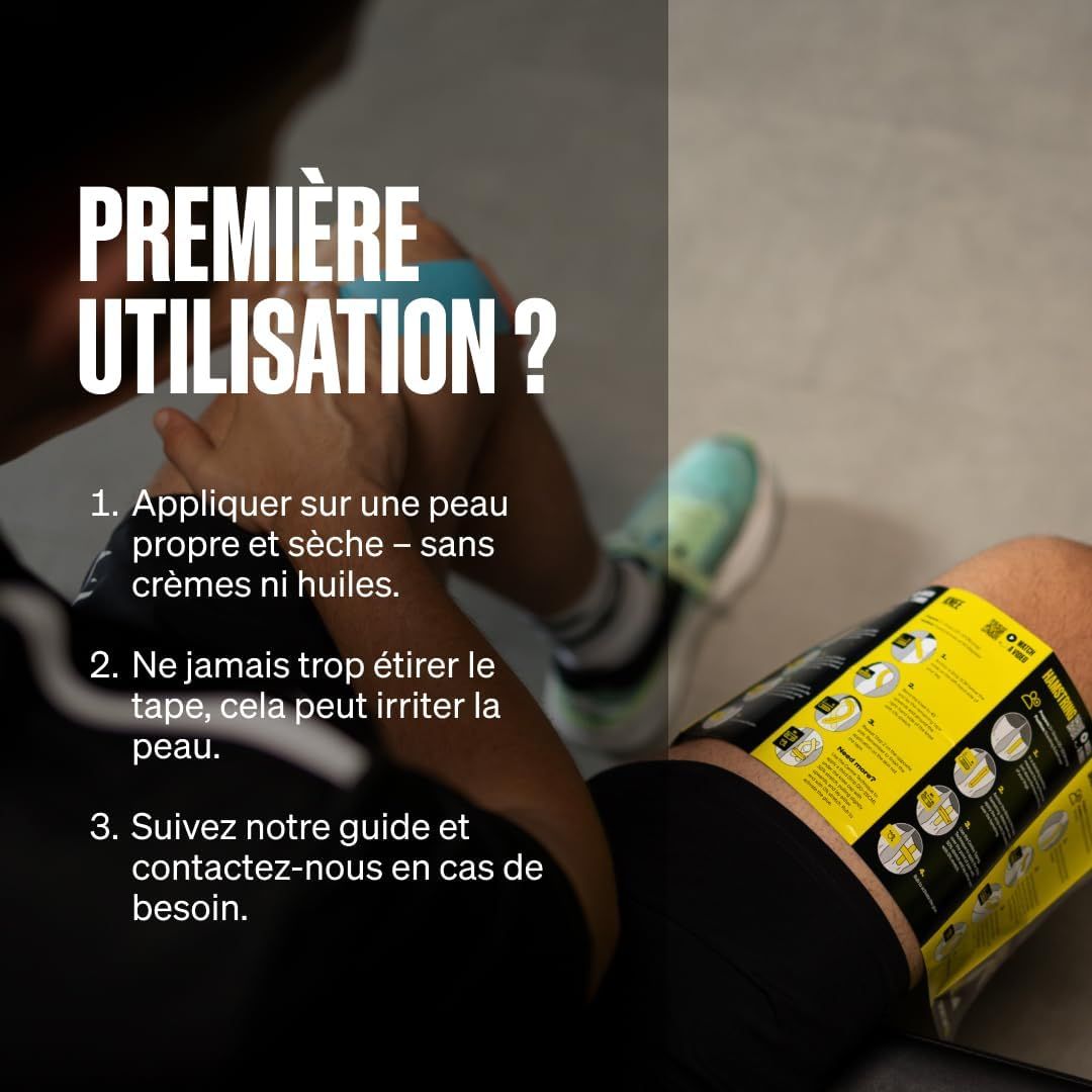 Instructions d'application de bande de kinésiologie : Appliquer sur peau propre, ne pas trop étirer.