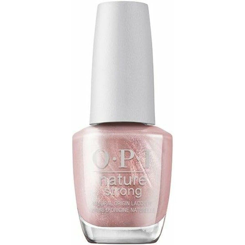 Vernis à ongles OPI Nature Strong rose nacré. Bouteille avec bouchon blanc. Inscription: OPI, Nature Strong, Natural Origin Lacquer.