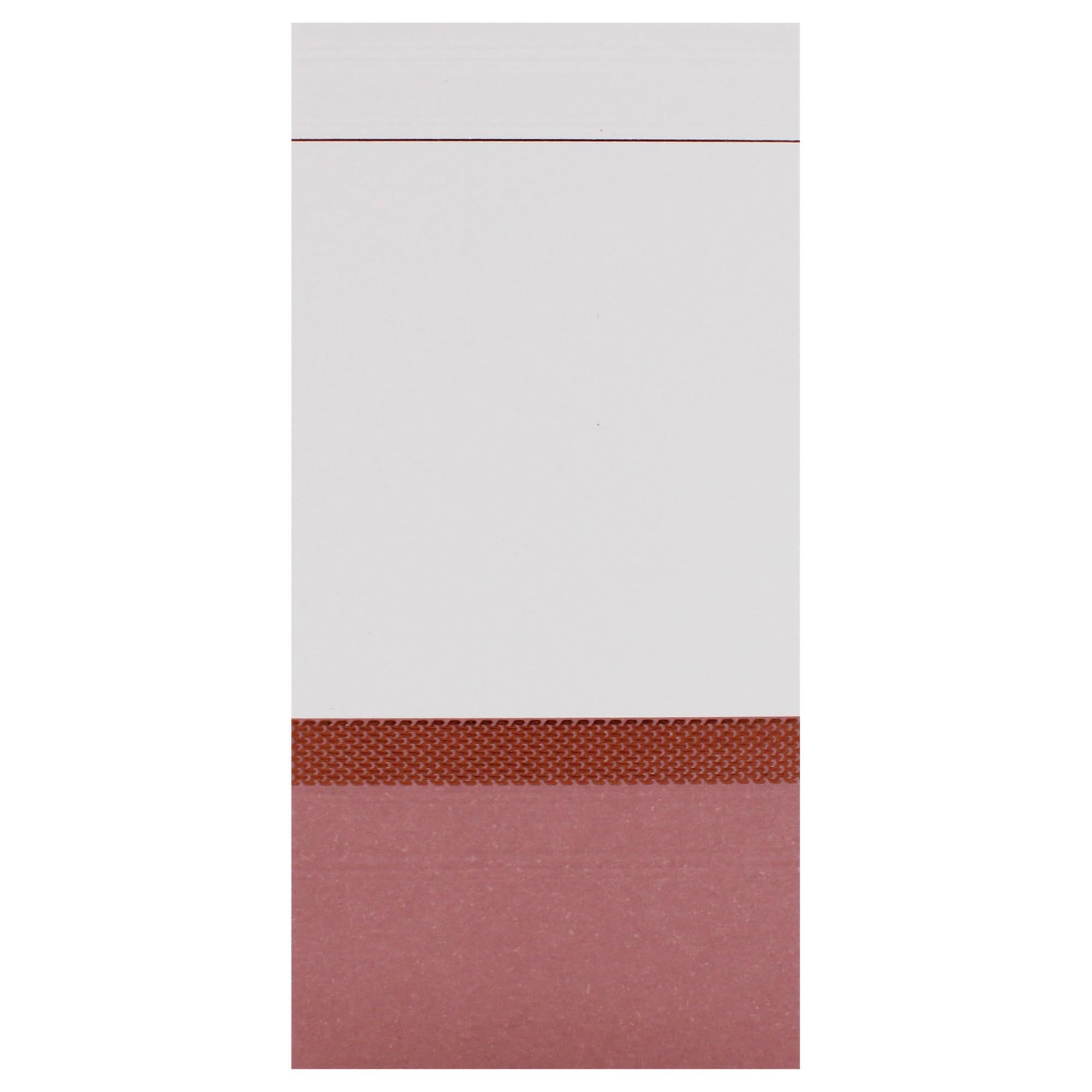 Rechthoekige verpakking. Witte deksel, wit hoofdgedeelte, bruine streep, roze onderkant. Geen productaanduiding.