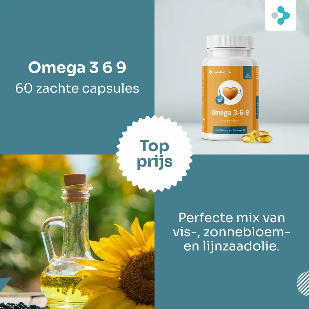 Fles Omega 3-6-9, 60 zachte capsules. Daarnaast oliefles en zonnebloem. Opschrift: Top prijs.
